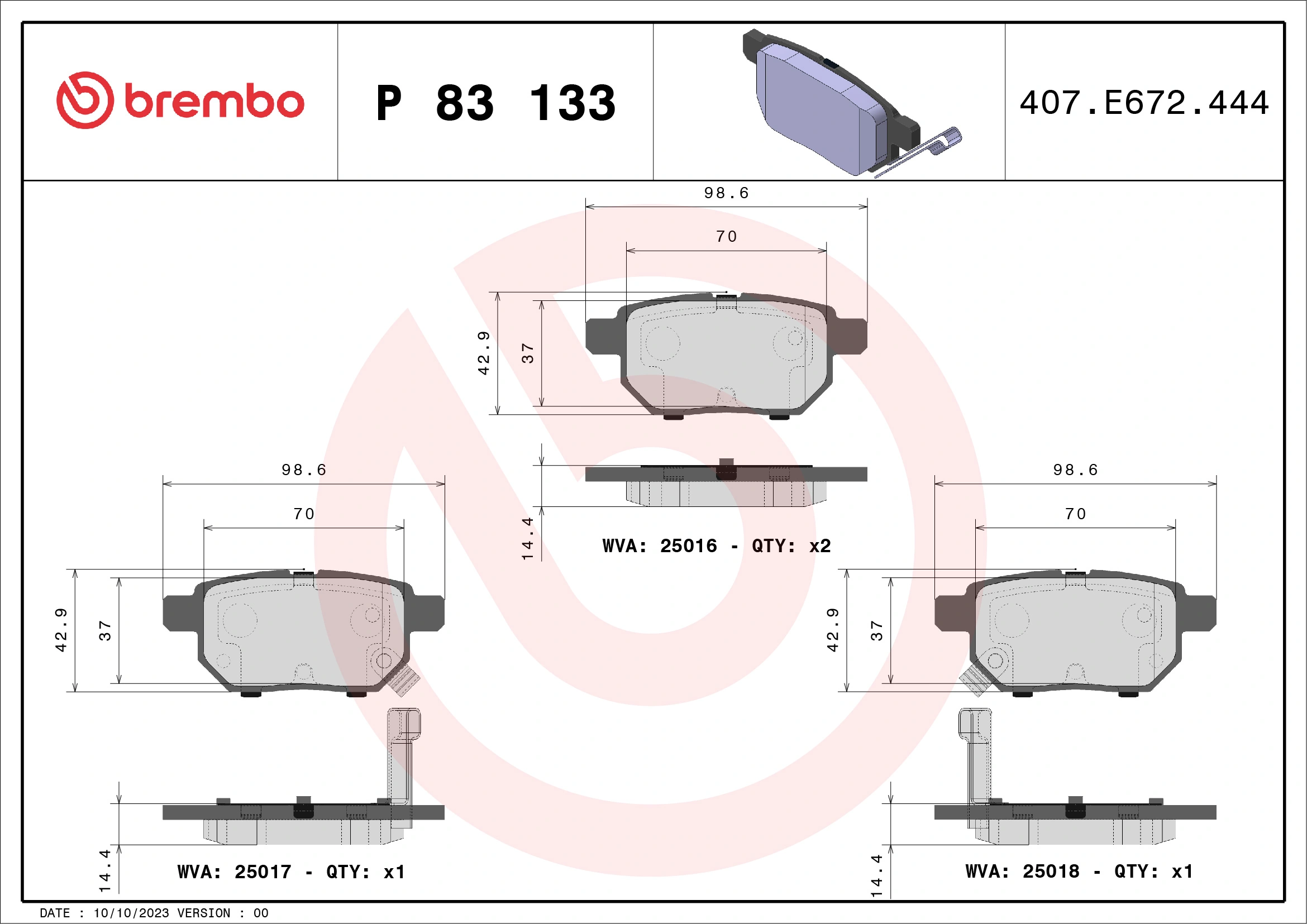Piduriklotsi komplekt, ketaspidur BREMBO P 83 133