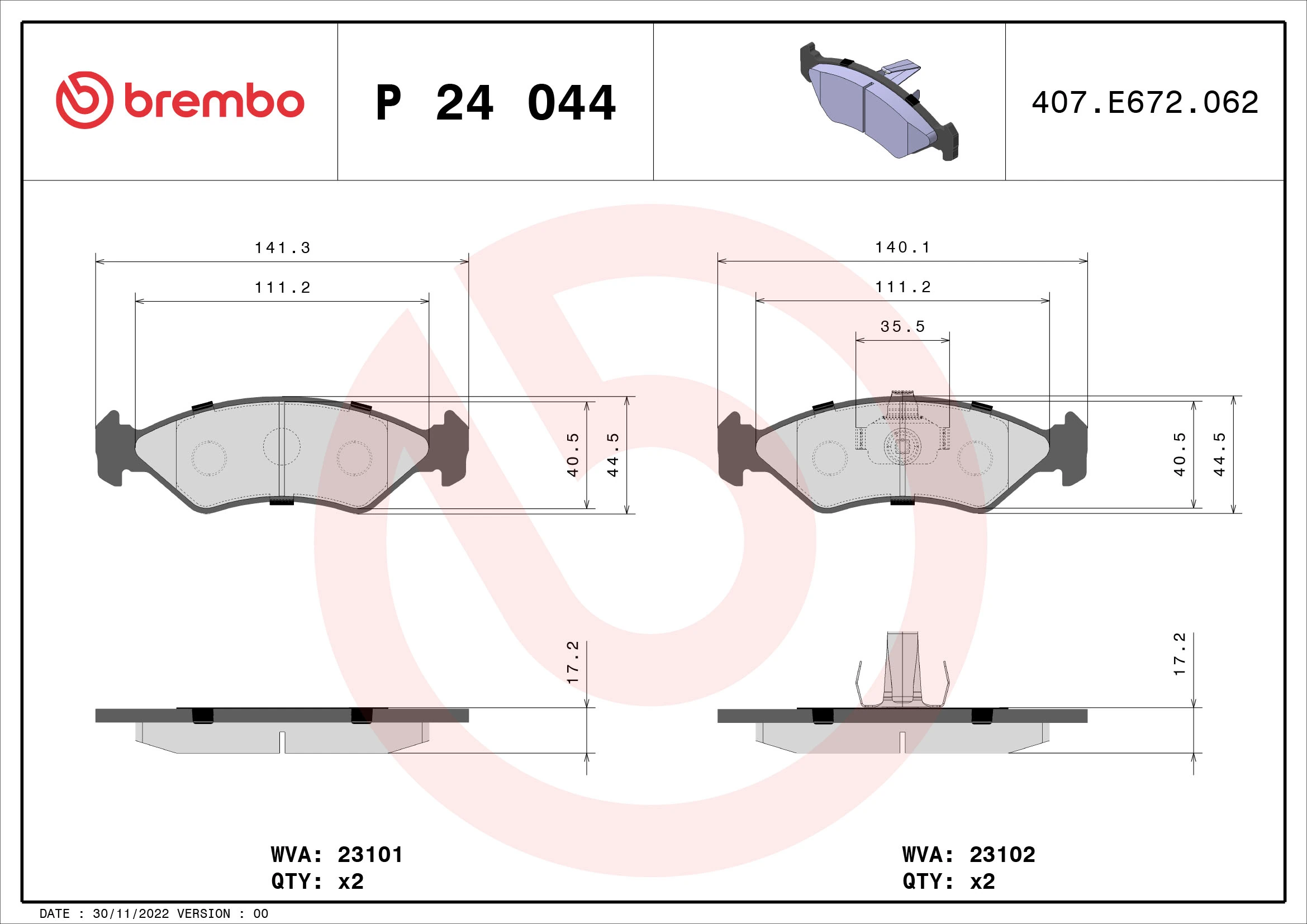 Piduriklotsi komplekt, ketaspidur BREMBO P 24 044
