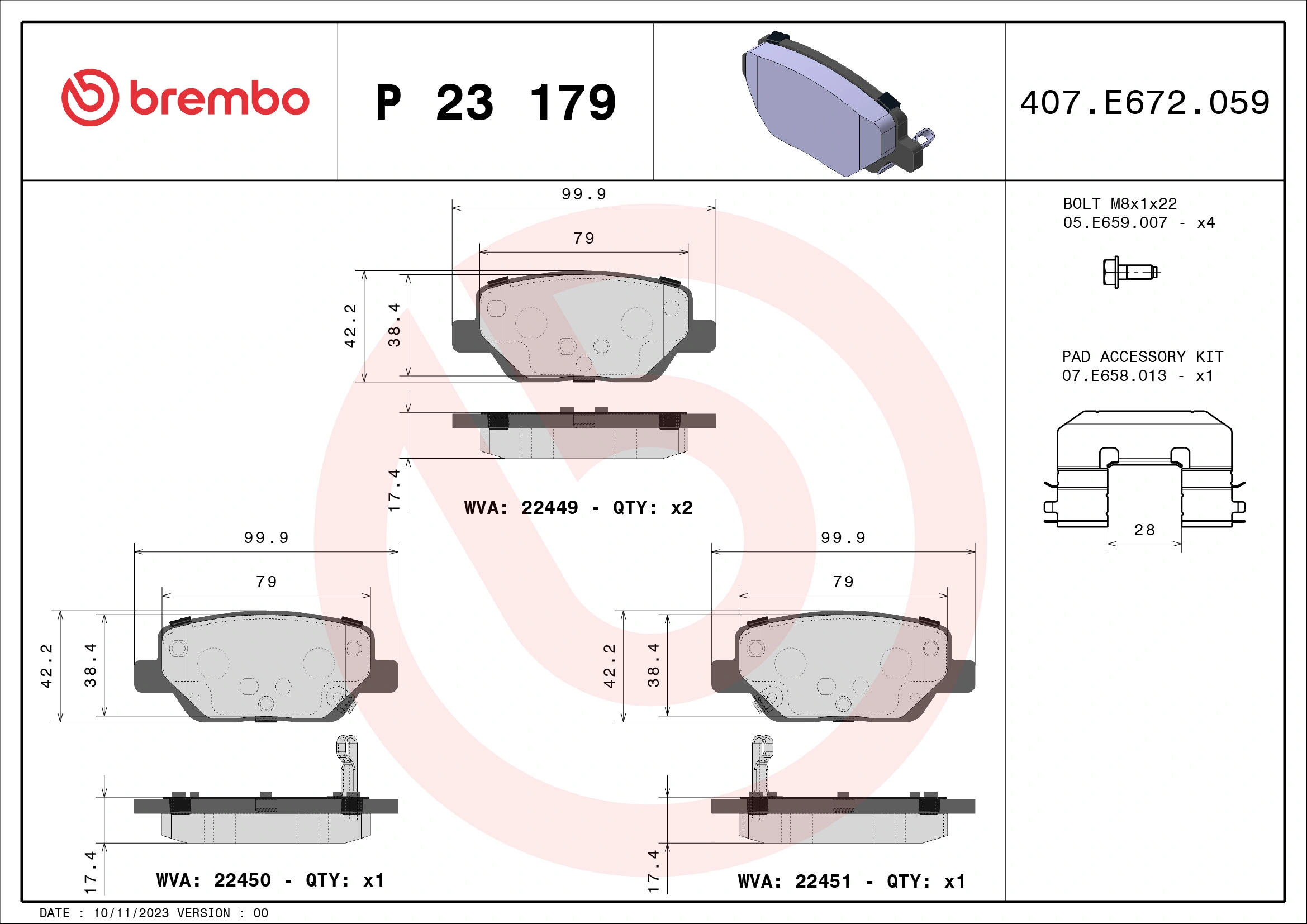 Piduriklotsi komplekt, ketaspidur BREMBO P 23 179