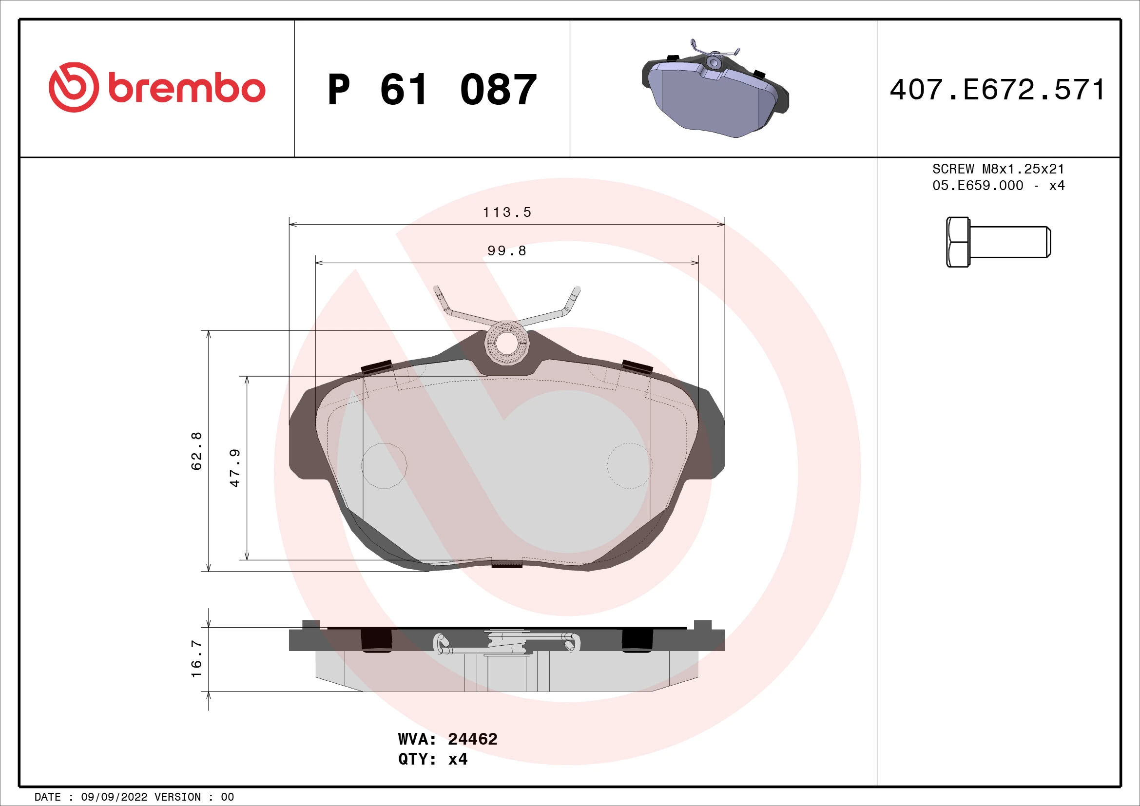 Piduriklotsi komplekt, ketaspidur BREMBO P 61 087