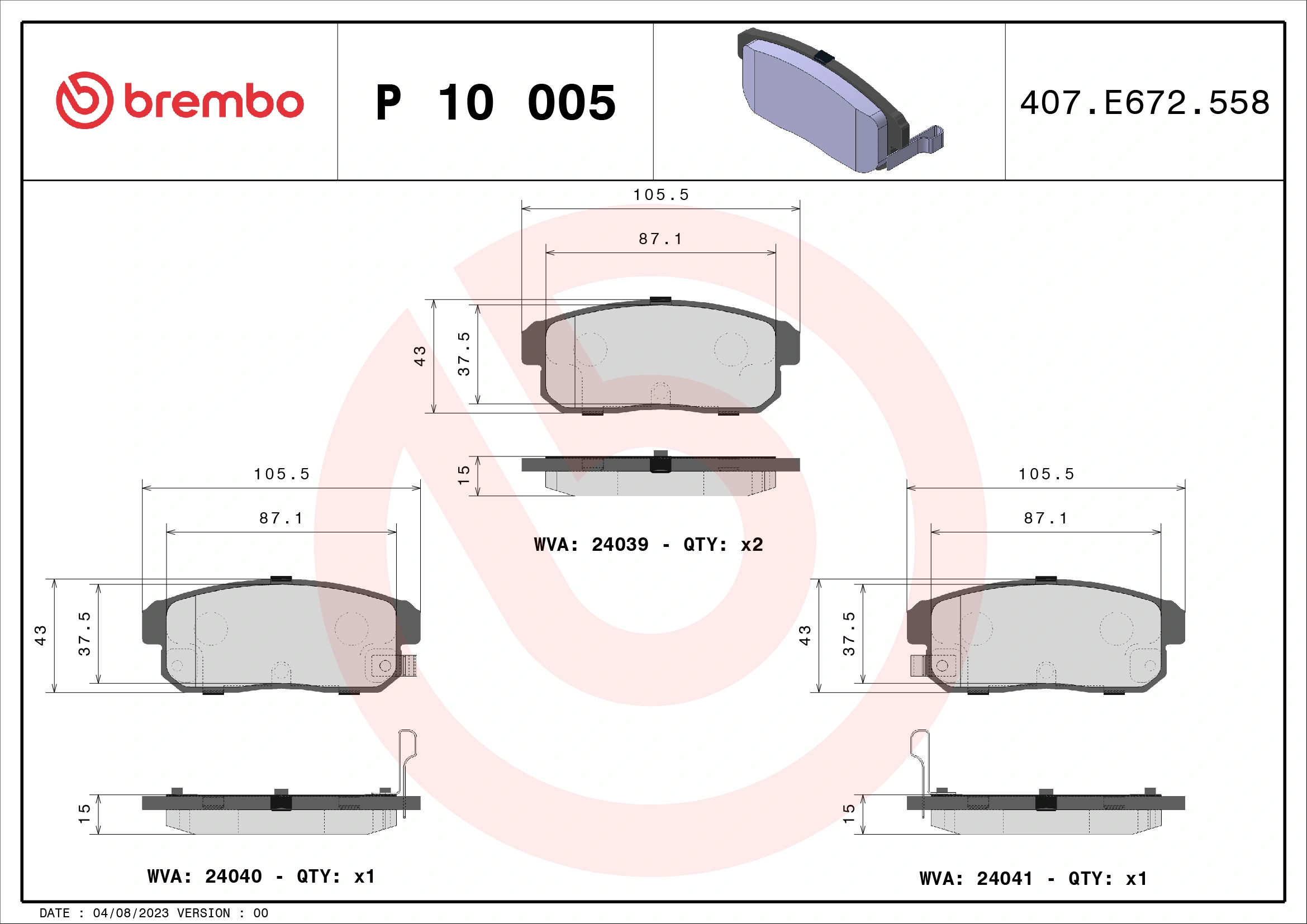 Piduriklotsi komplekt, ketaspidur BREMBO P 10 005