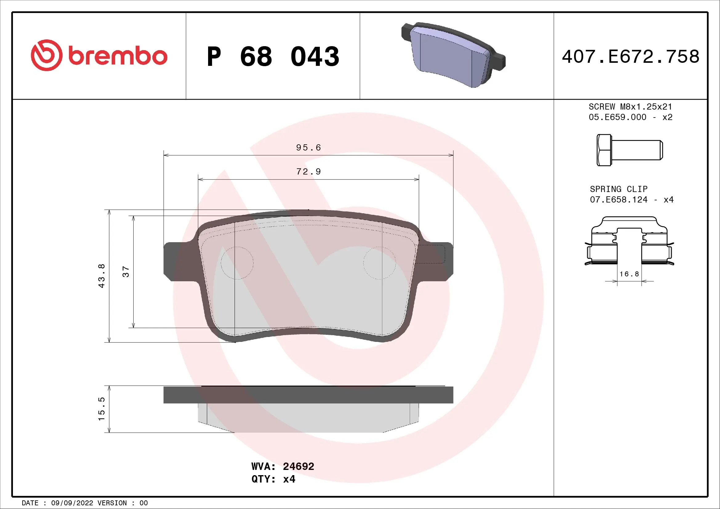 Piduriklotsi komplekt, ketaspidur BREMBO P 68 043