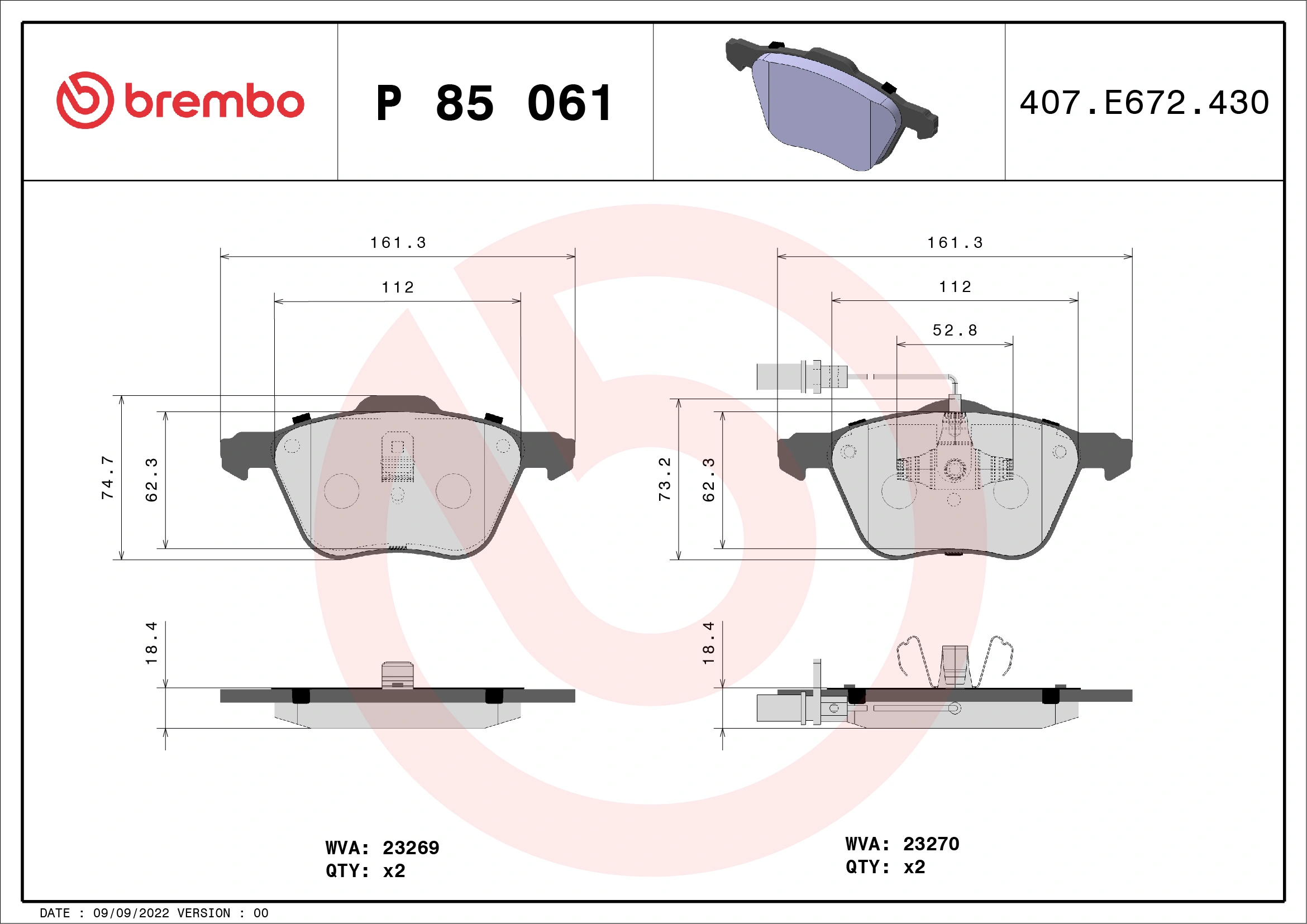 Piduriklotsi komplekt, ketaspidur BREMBO P 85 061