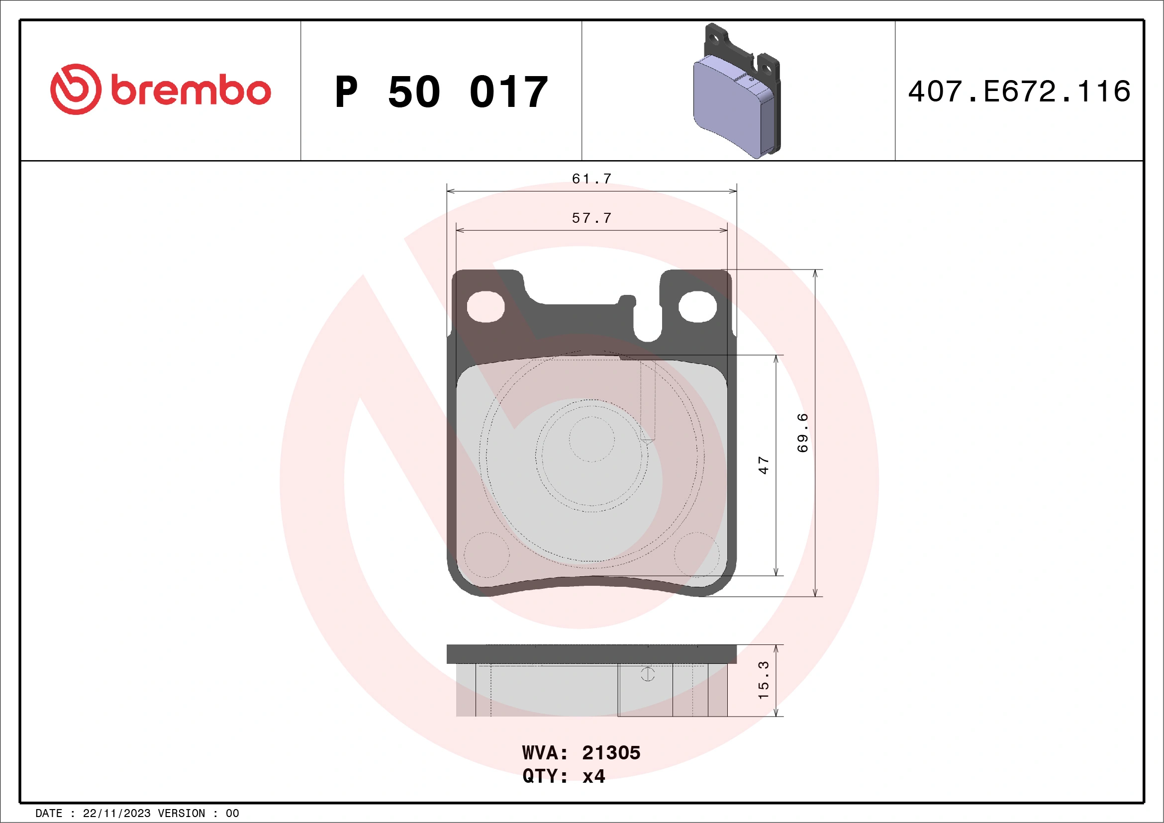 Piduriklotsi komplekt, ketaspidur BREMBO P 50 017