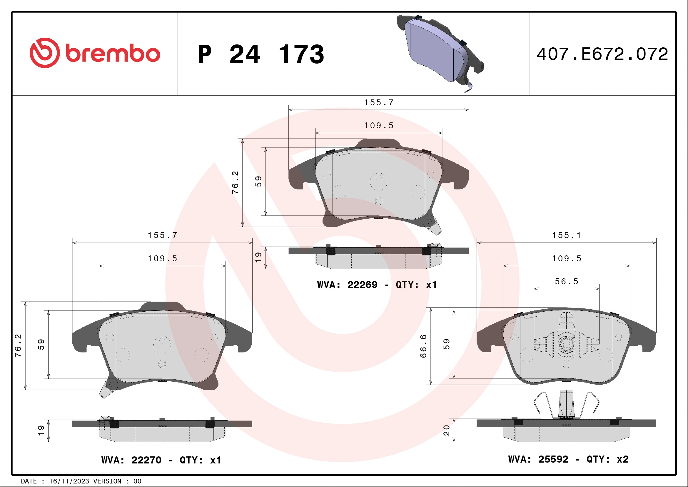 Piduriklotsi komplekt, ketaspidur BREMBO P 24 173