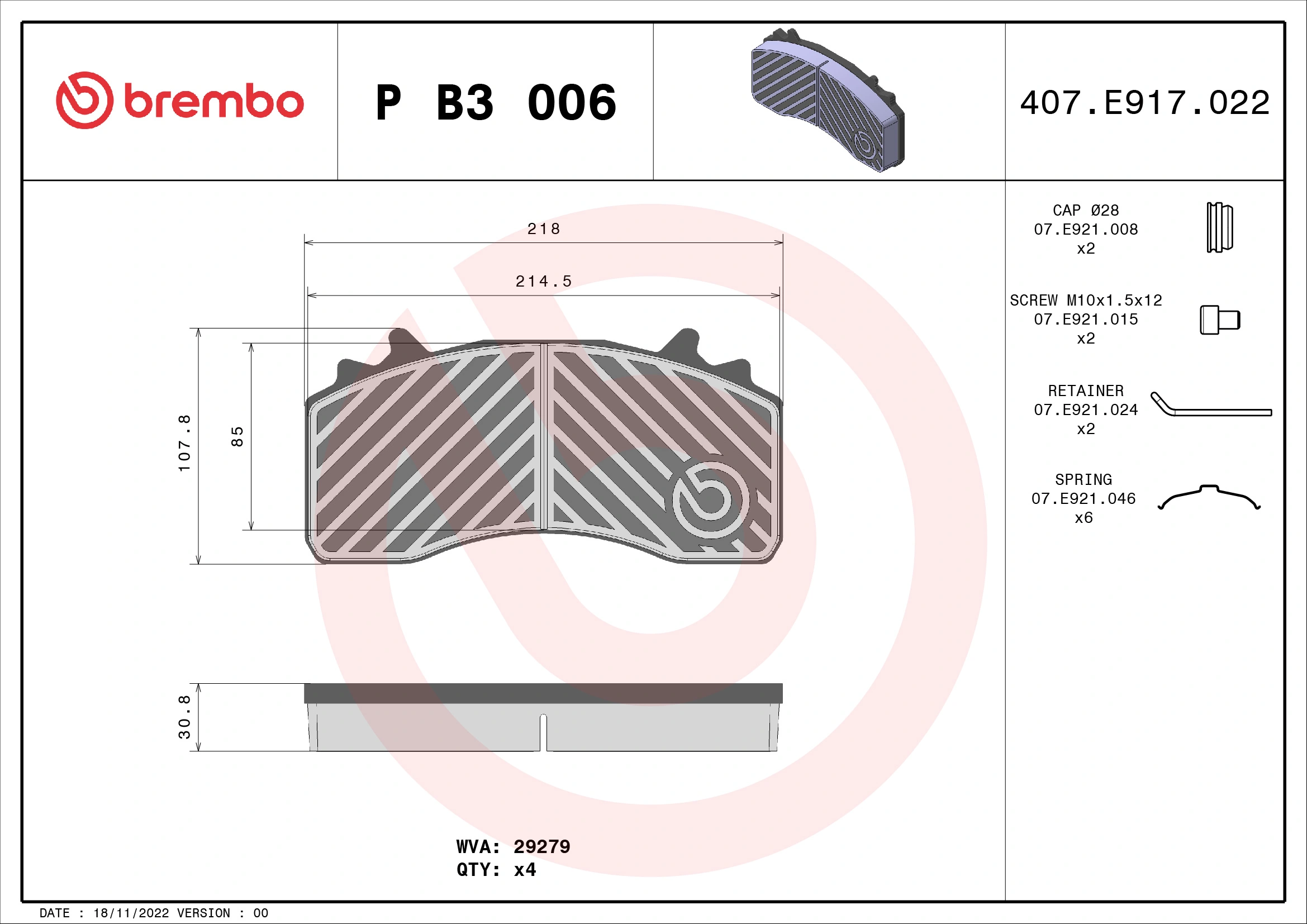 Piduriklotsi komplekt, ketaspidur BREMBO P B3 006