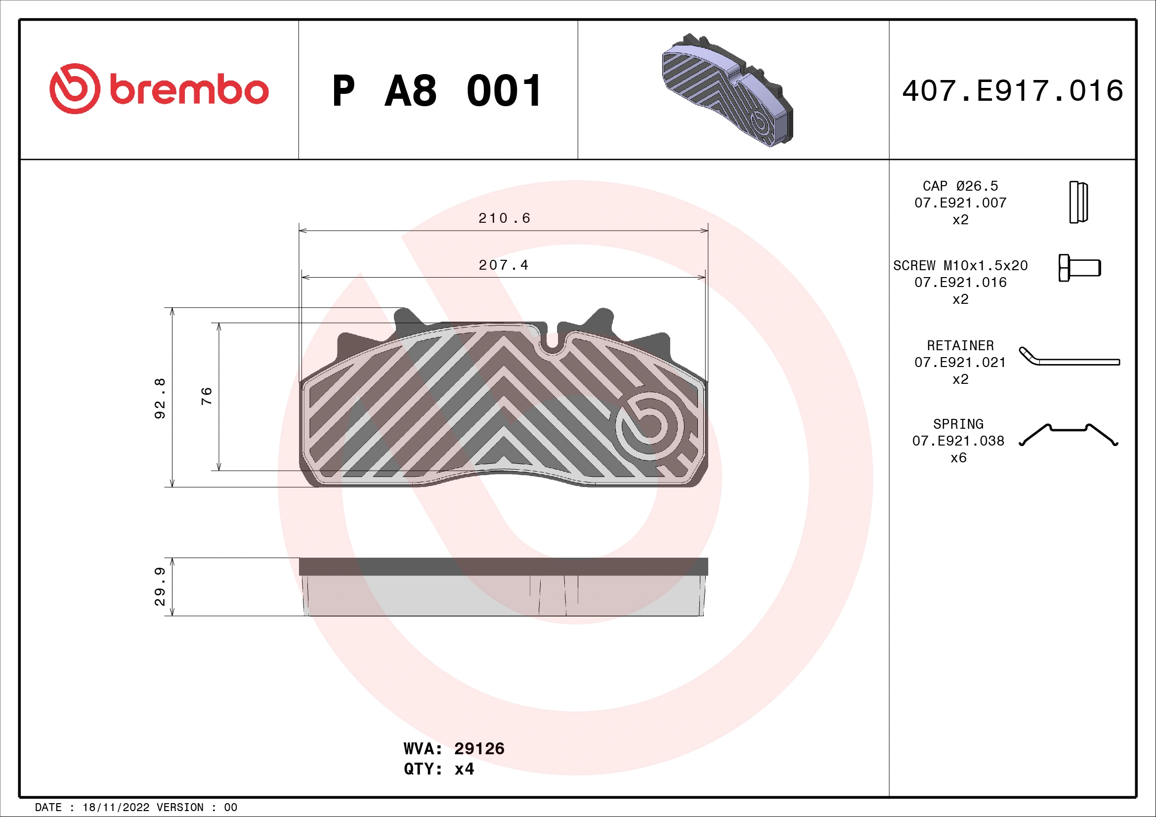 Piduriklotsi komplekt, ketaspidur BREMBO P A8 001