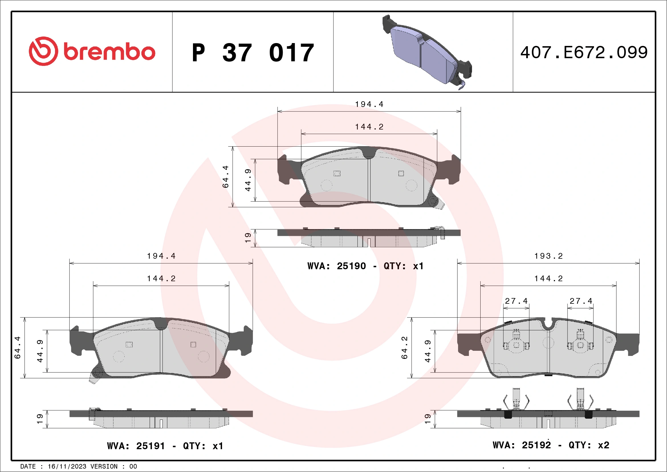 Piduriklotsi komplekt, ketaspidur BREMBO P 37 017