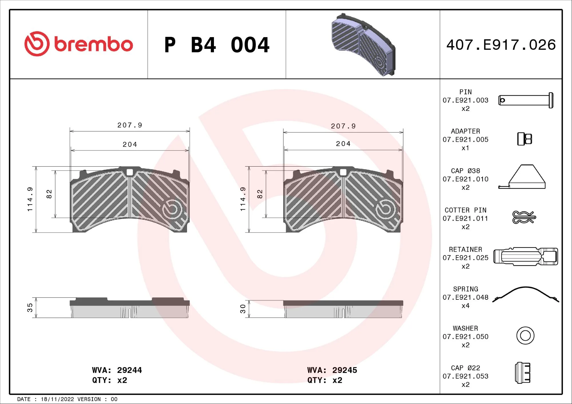 Piduriklotsi komplekt, ketaspidur BREMBO P B4 004