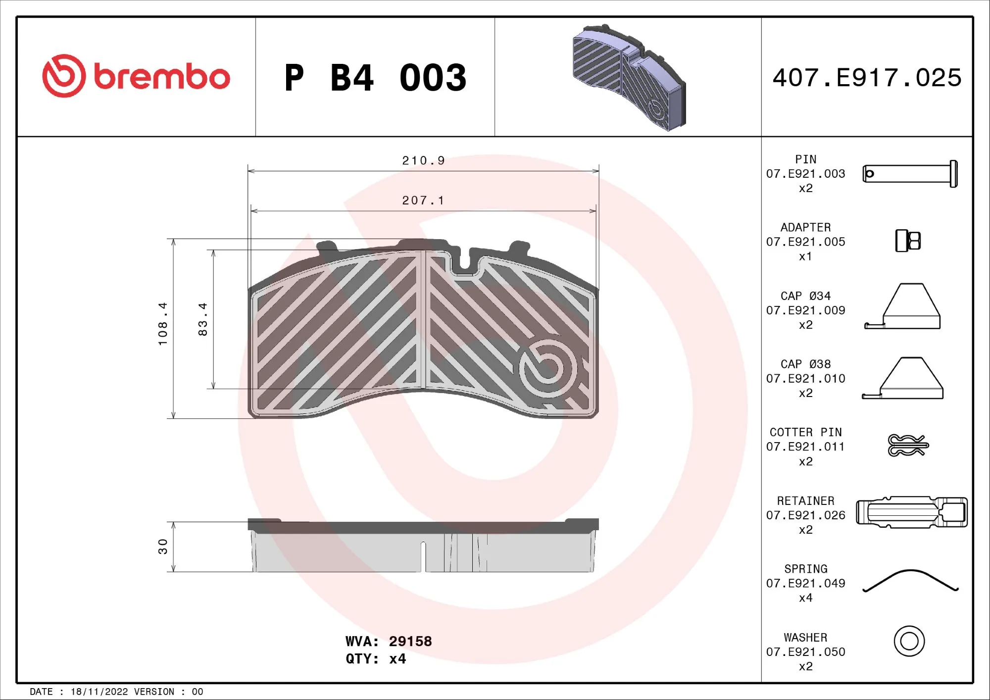 Piduriklotsi komplekt, ketaspidur BREMBO P B4 003