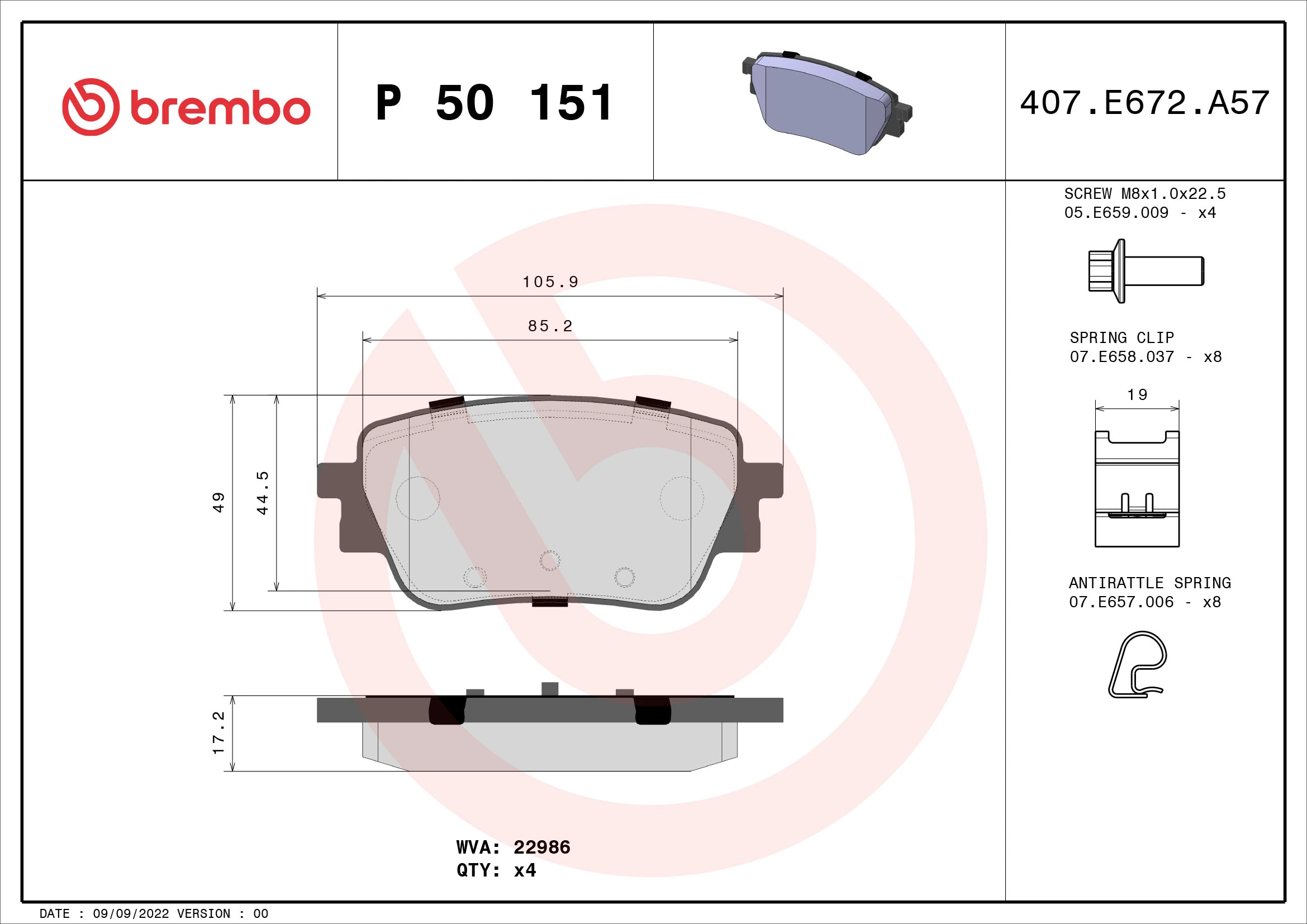 Piduriklotsi komplekt, ketaspidur BREMBO P 50 151
