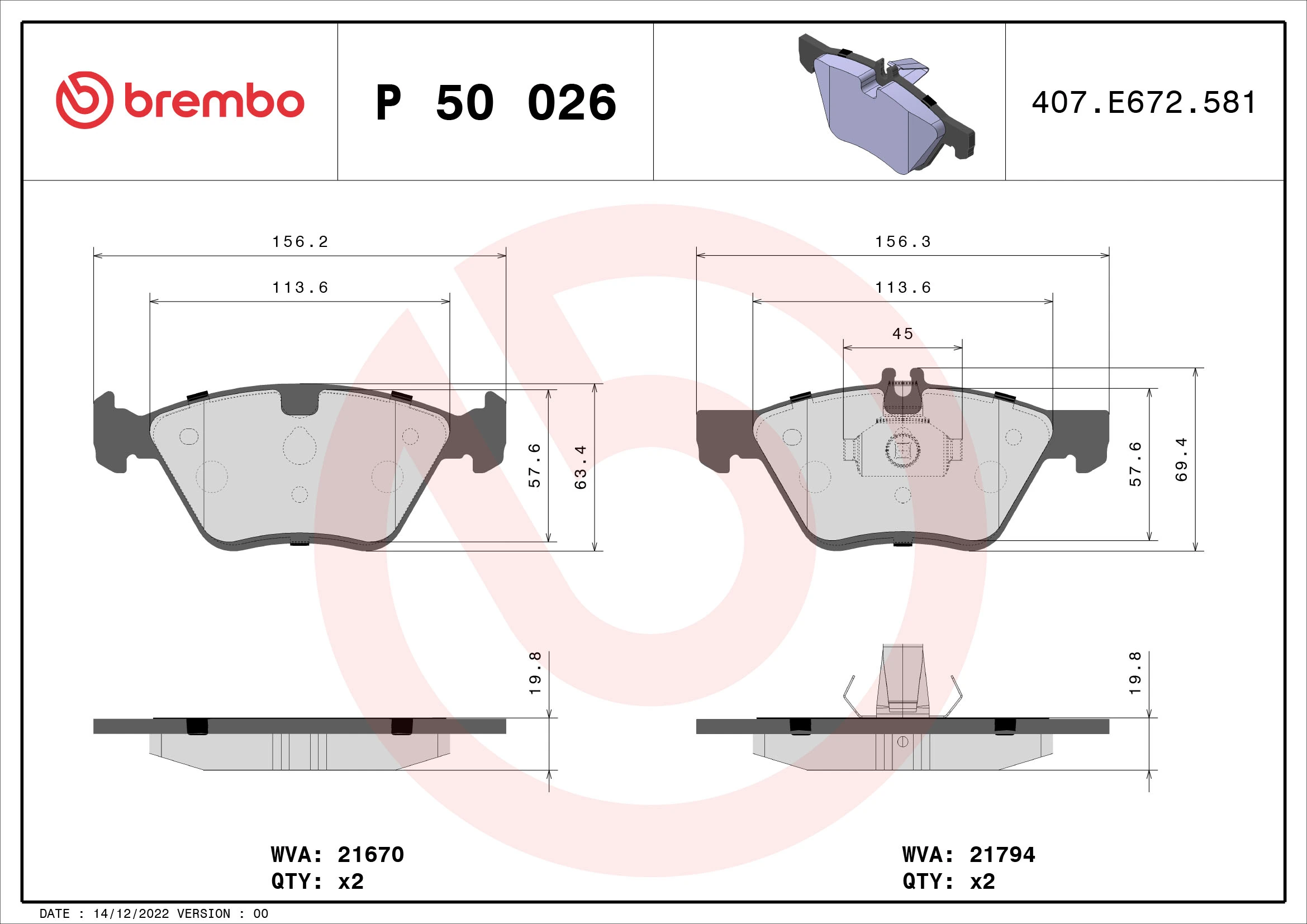 Piduriklotsi komplekt, ketaspidur BREMBO P 50 026