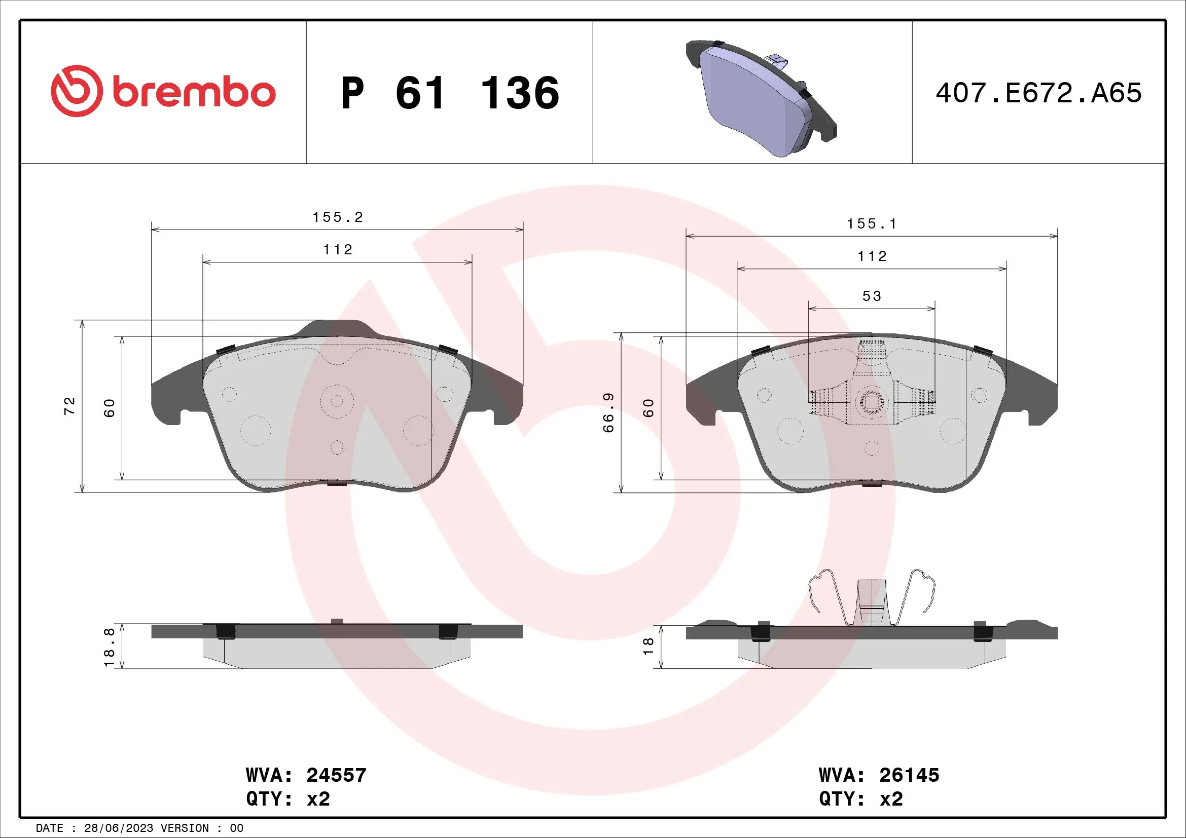 Piduriklotsi komplekt, ketaspidur BREMBO P 61 136