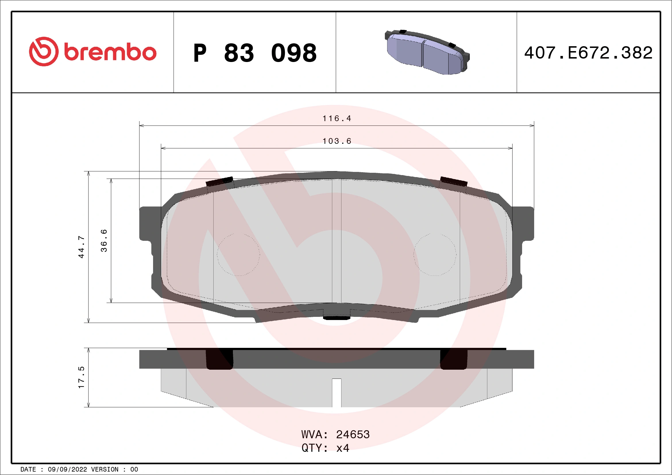 Piduriklotsi komplekt, ketaspidur BREMBO P 83 098X
