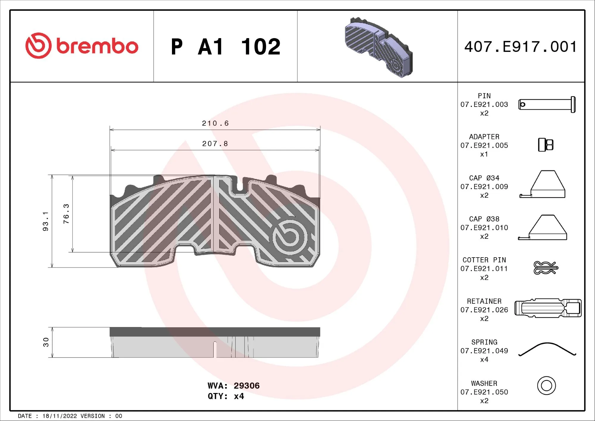 Piduriklotsi komplekt, ketaspidur BREMBO P A1 102