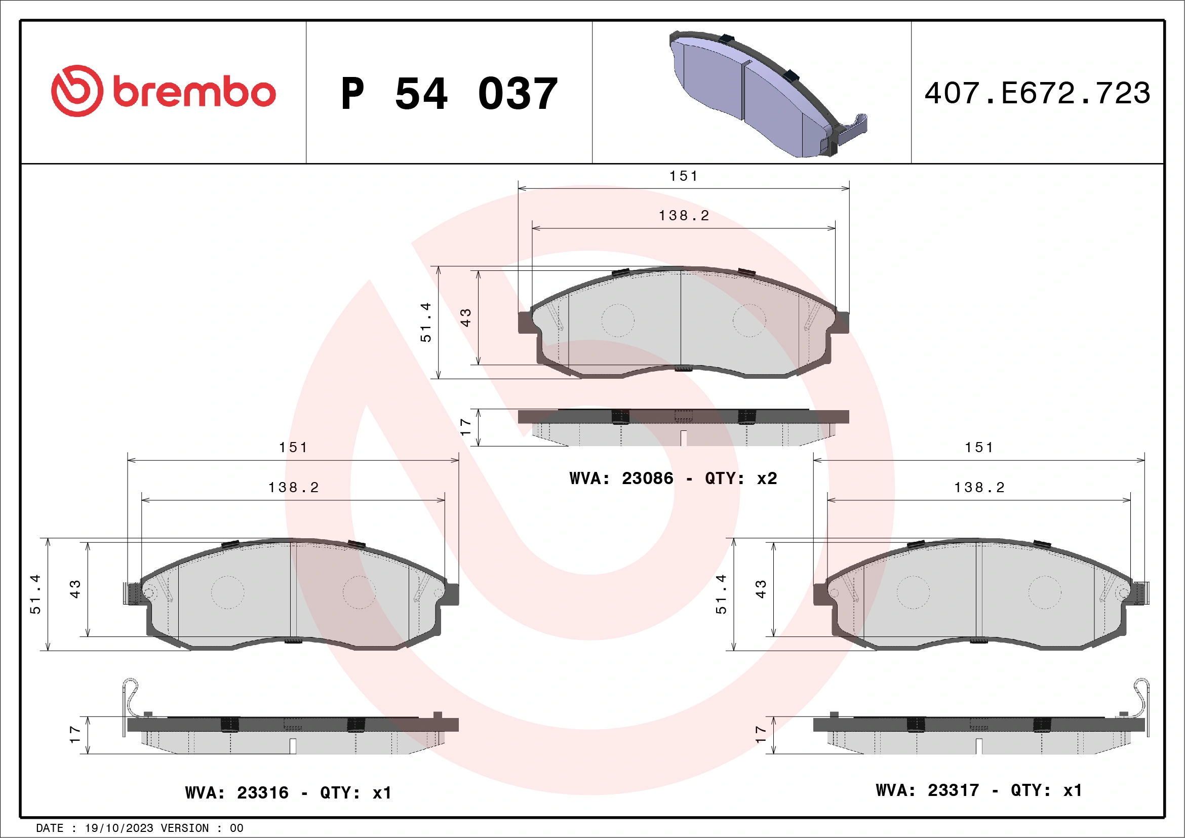 Piduriklotsi komplekt, ketaspidur BREMBO P 54 037