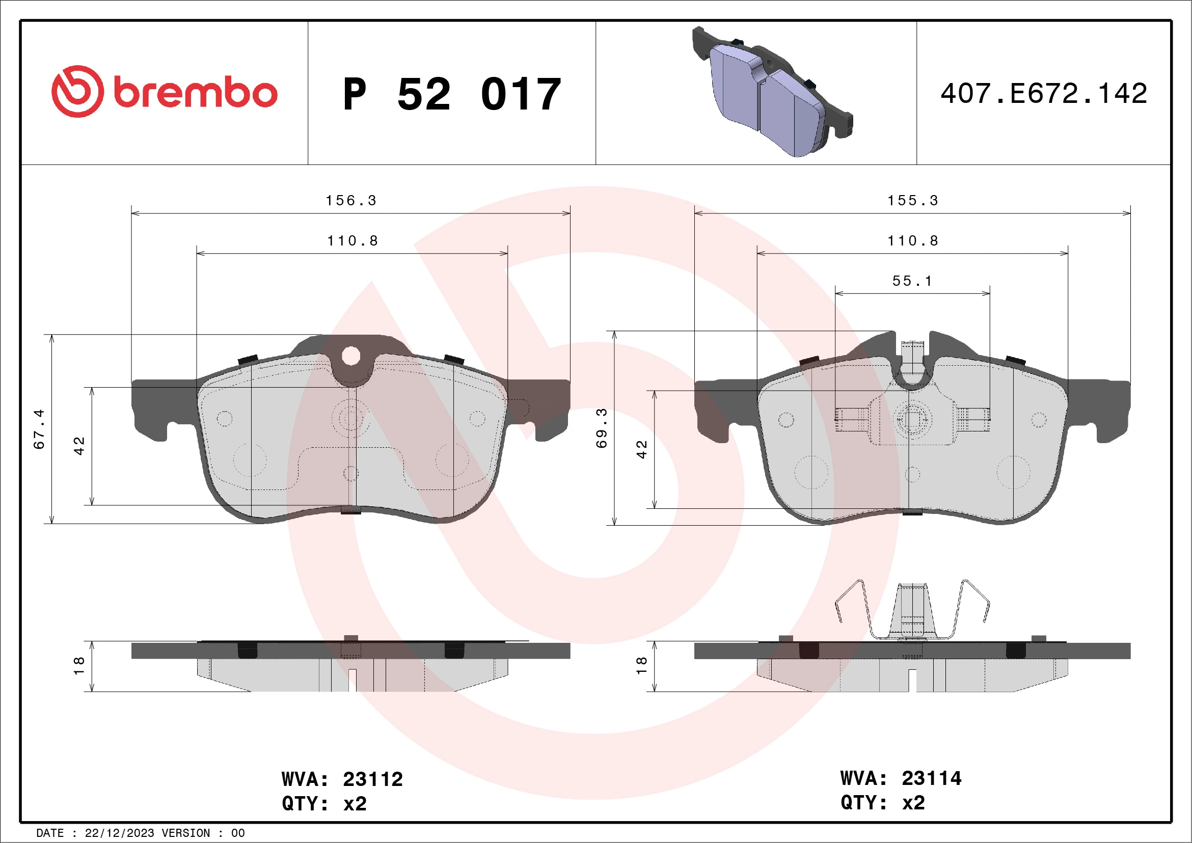 Piduriklotsi komplekt, ketaspidur BREMBO P 52 017