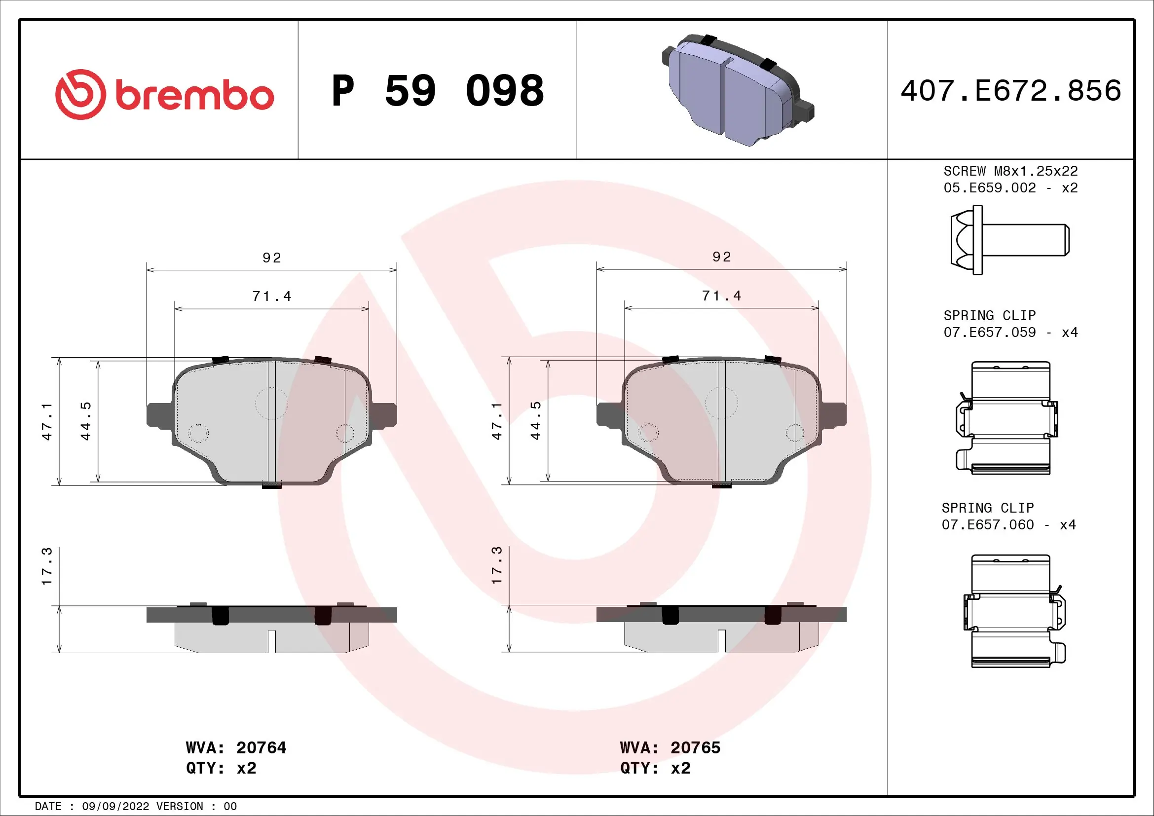 Piduriklotsi komplekt, ketaspidur BREMBO P 59 098