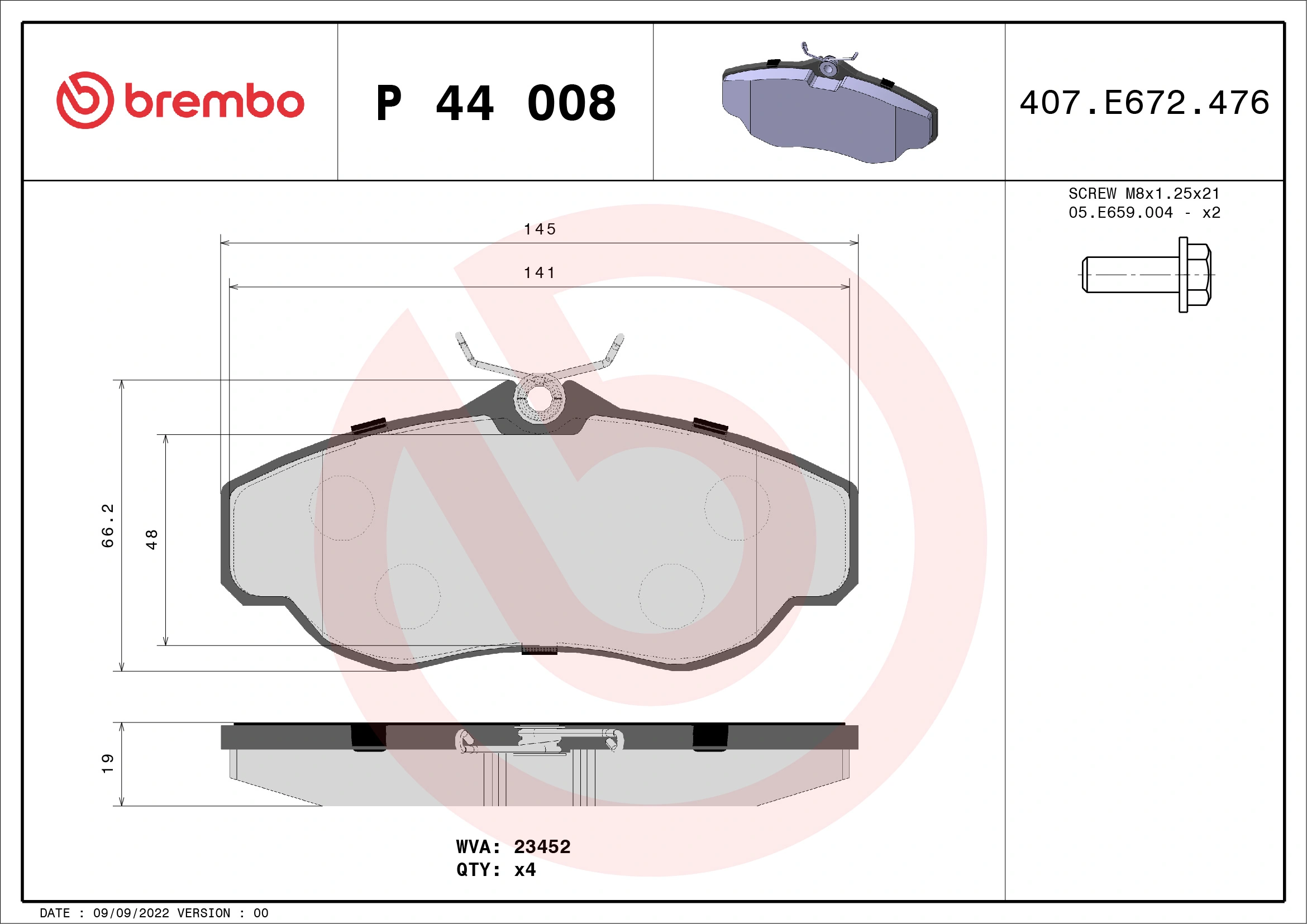 Piduriklotsi komplekt, ketaspidur BREMBO P 44 008
