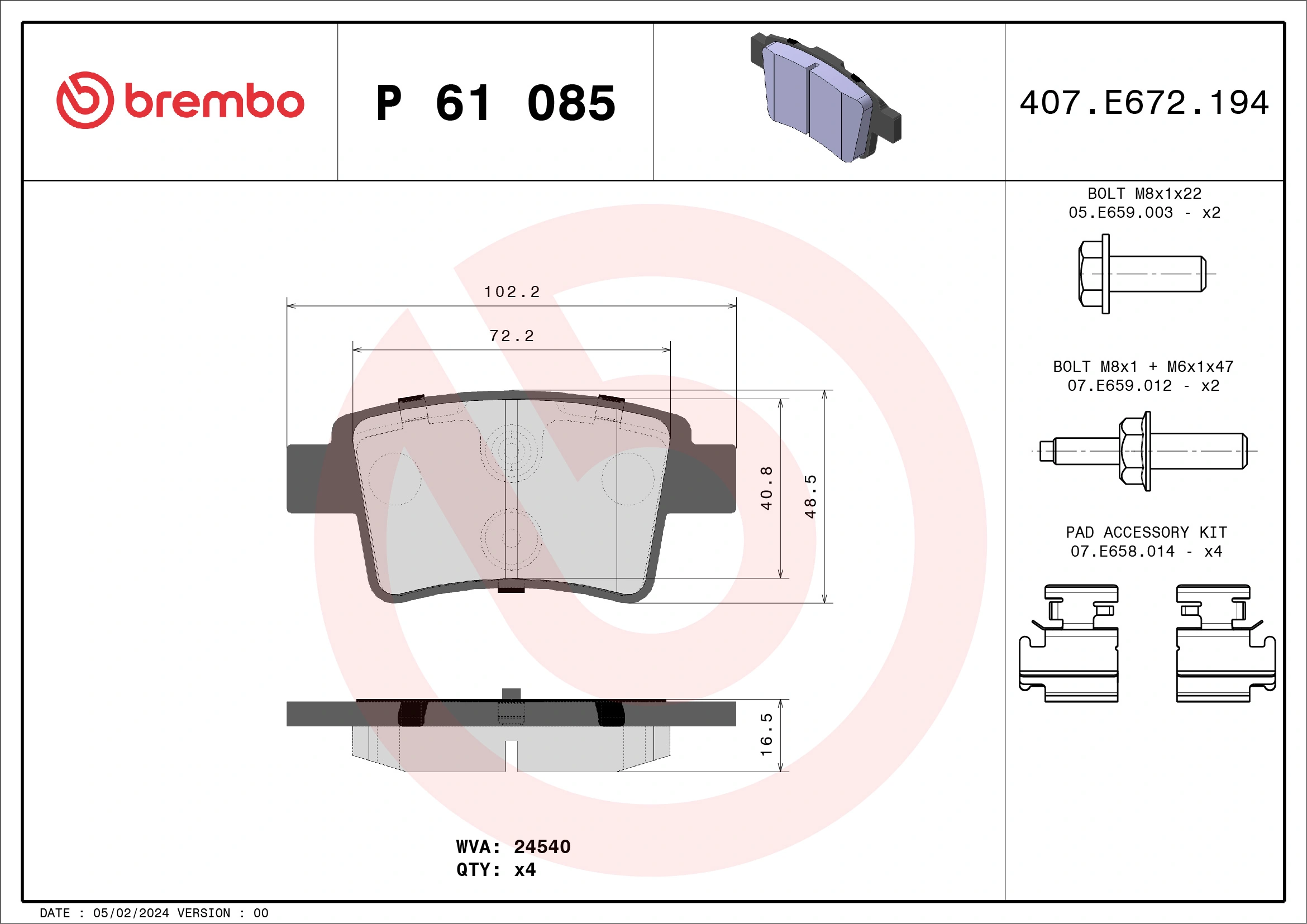 Piduriklotsi komplekt, ketaspidur BREMBO P 61 085