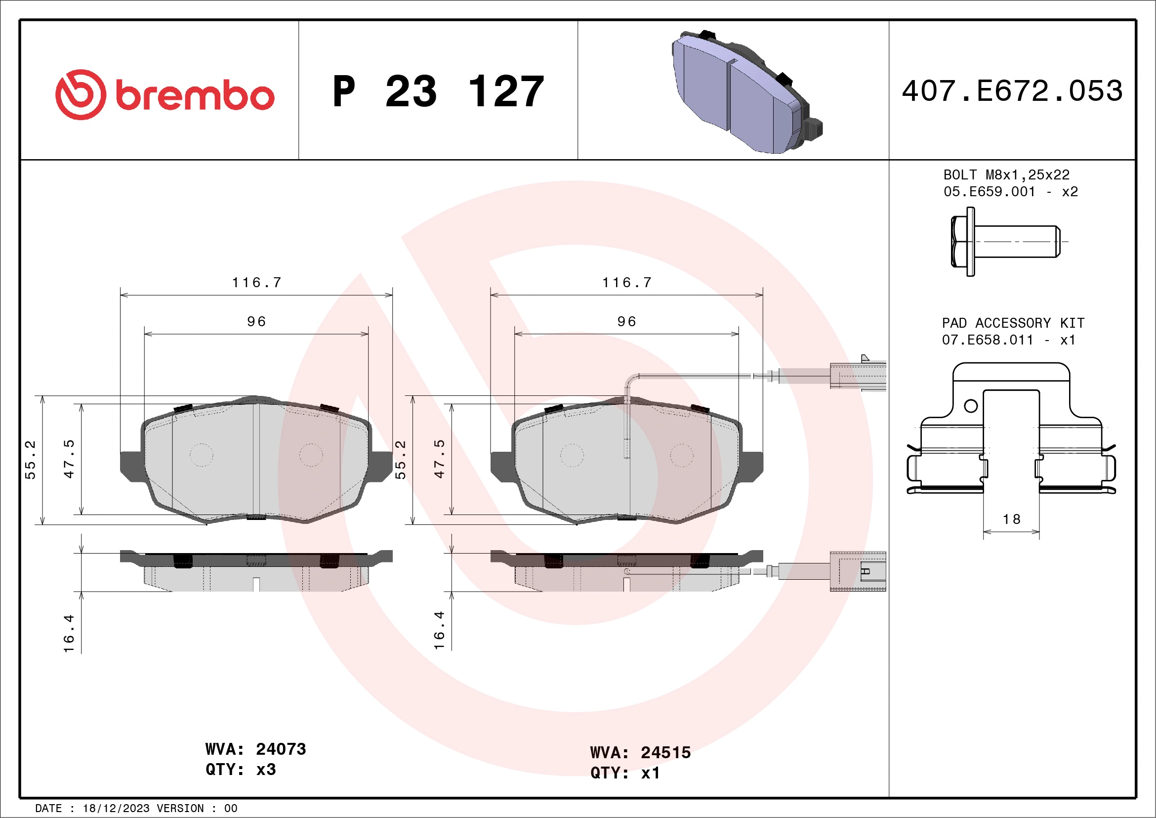 Piduriklotsi komplekt, ketaspidur BREMBO P 23 127