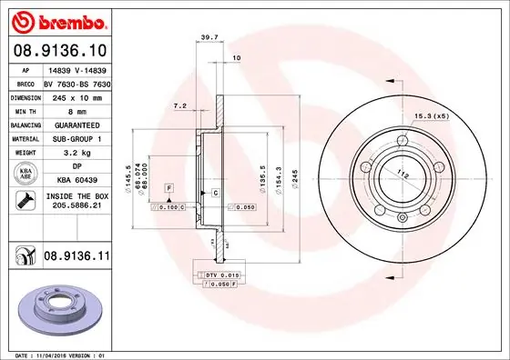 Piduriketas BREMBO 08.9136.10