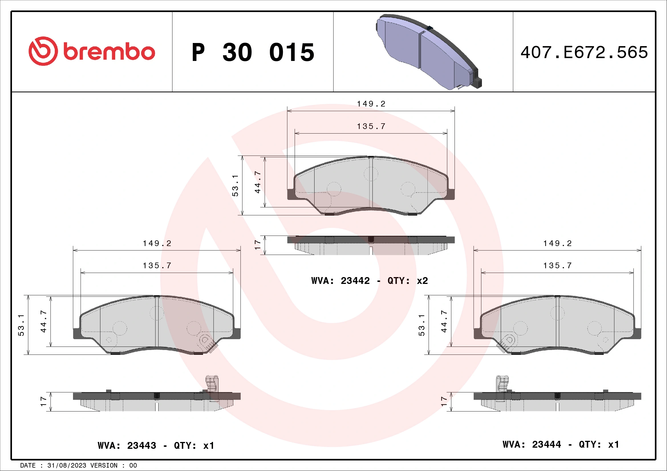 Piduriklotsi komplekt, ketaspidur BREMBO P 30 015