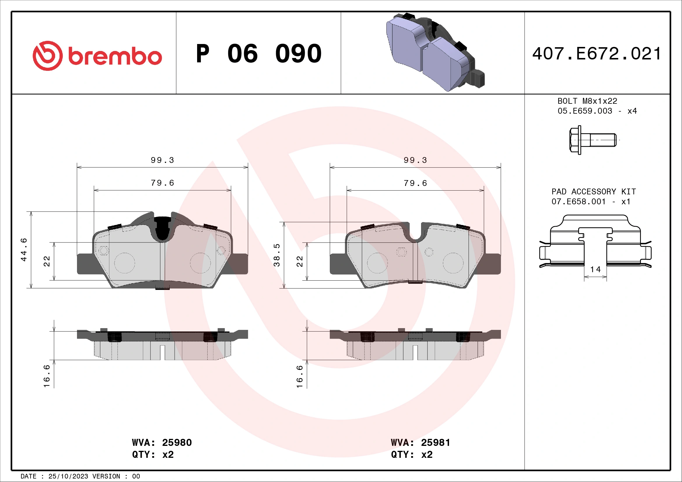 Piduriklotsi komplekt, ketaspidur BREMBO P 06 090