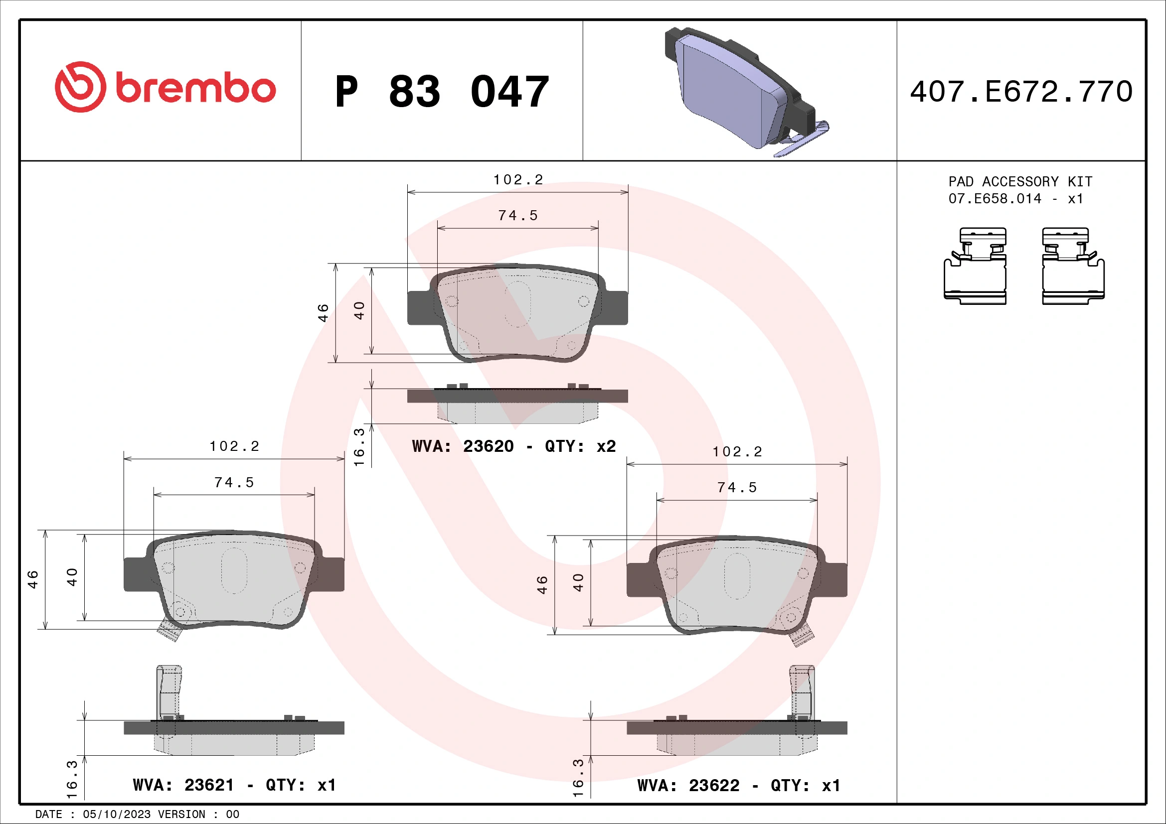 Piduriklotsi komplekt, ketaspidur BREMBO P 83 047