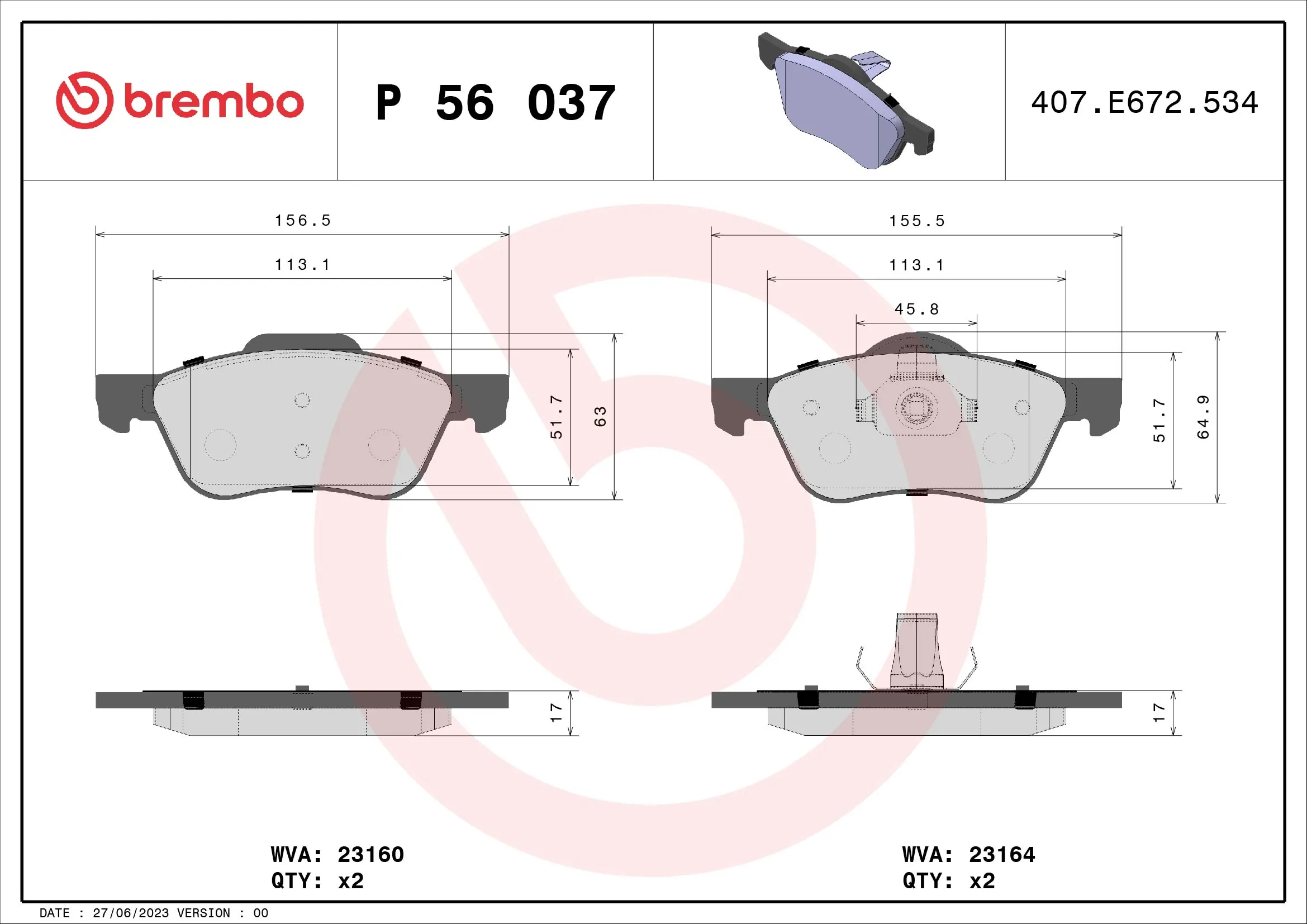 Piduriklotsi komplekt, ketaspidur BREMBO P 56 037