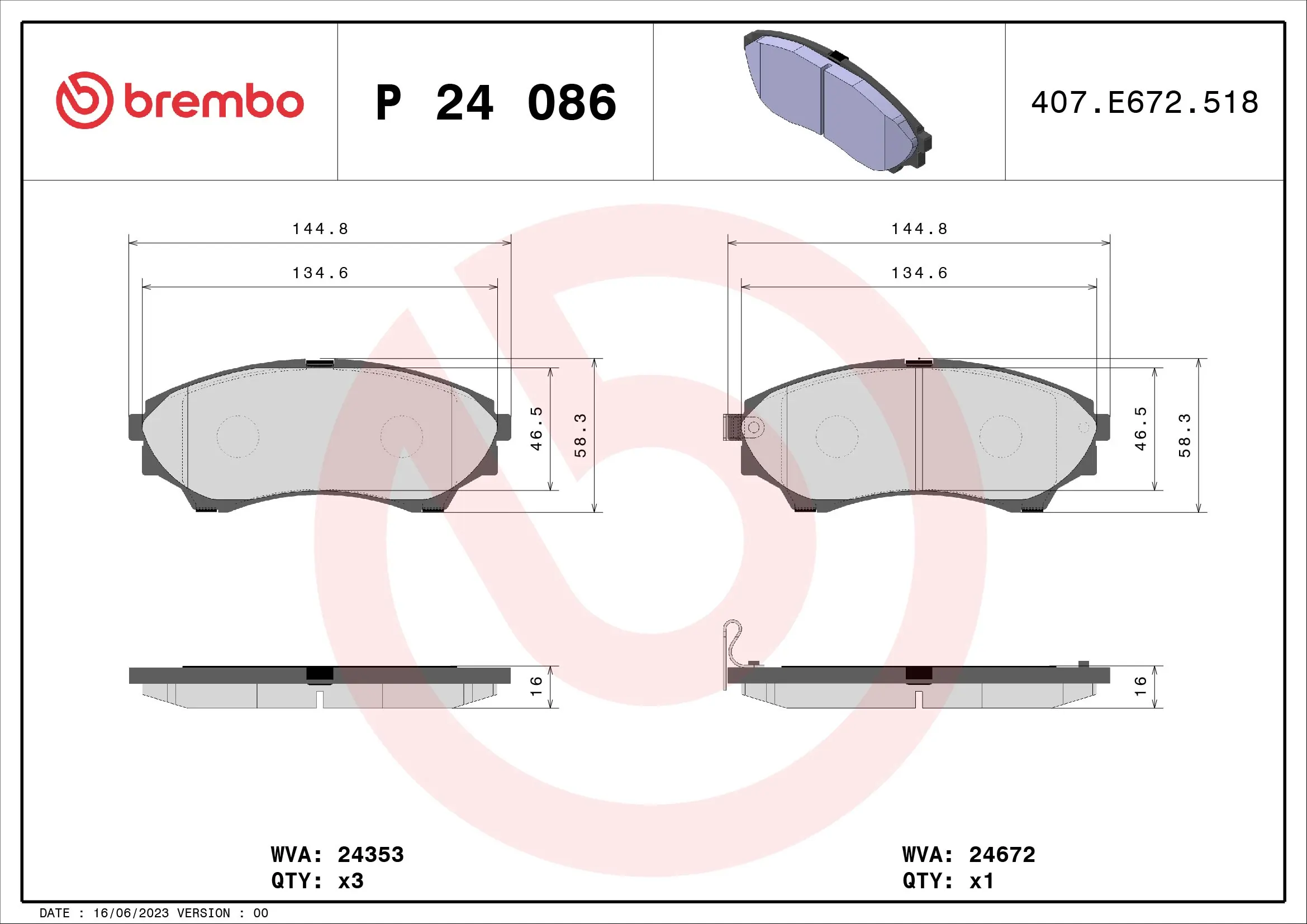 Piduriklotsi komplekt, ketaspidur BREMBO P 24 086
