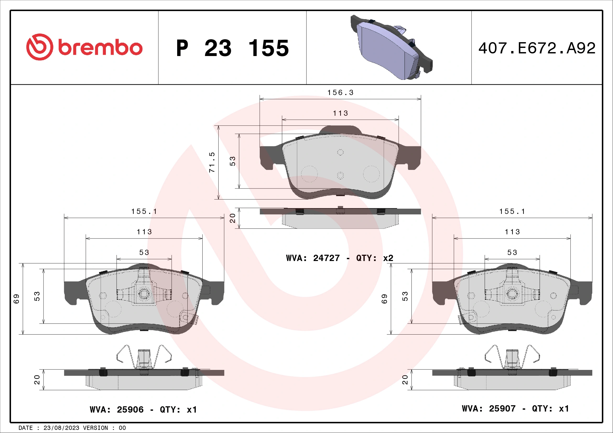 Piduriklotsi komplekt, ketaspidur BREMBO P 23 155