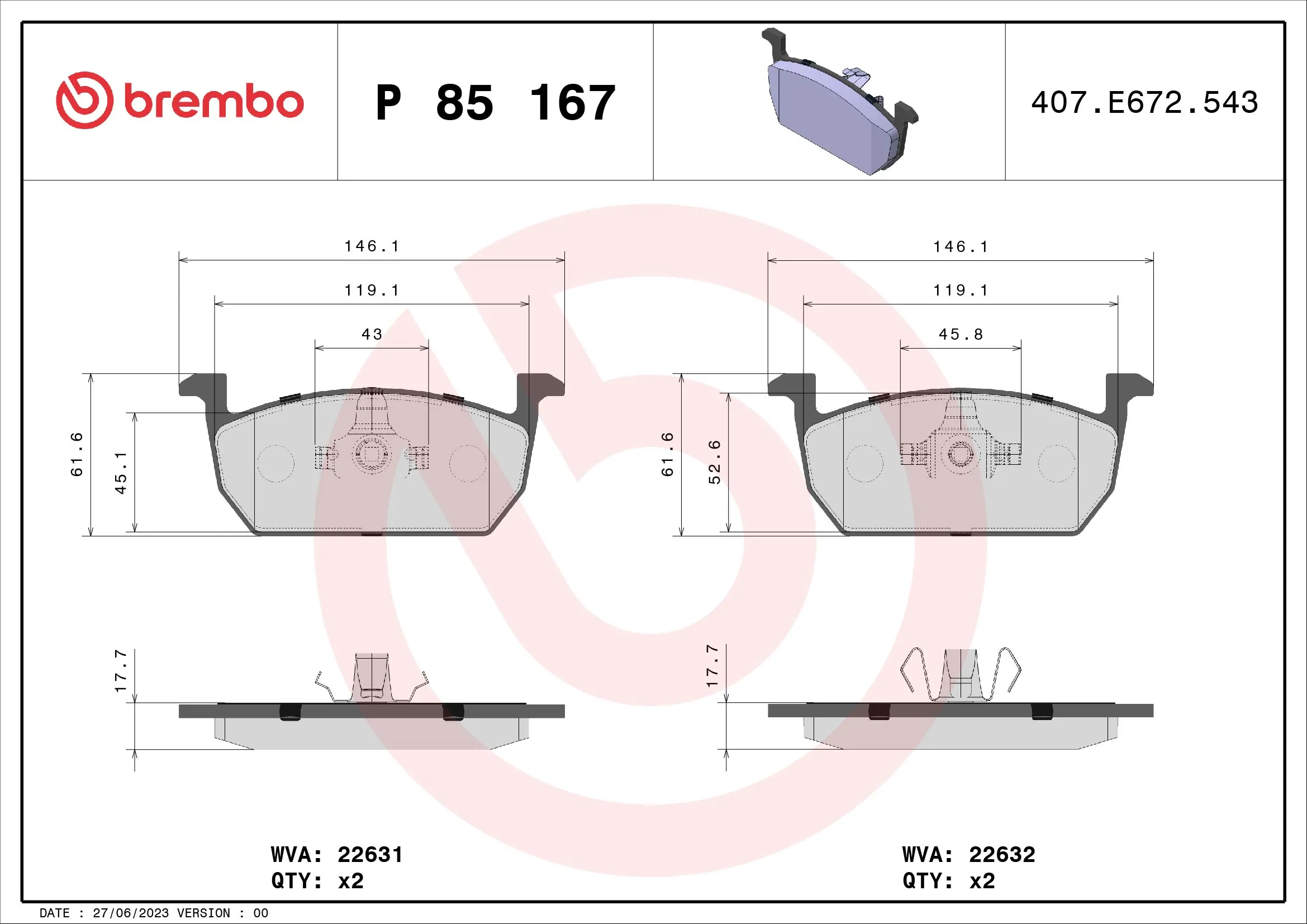 Piduriklotsi komplekt, ketaspidur BREMBO P 85 167
