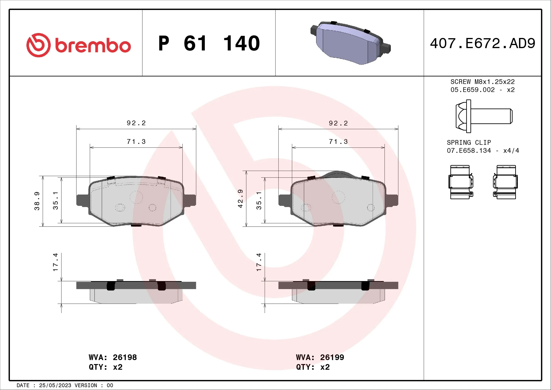 Piduriklotsi komplekt, ketaspidur BREMBO P 61 140