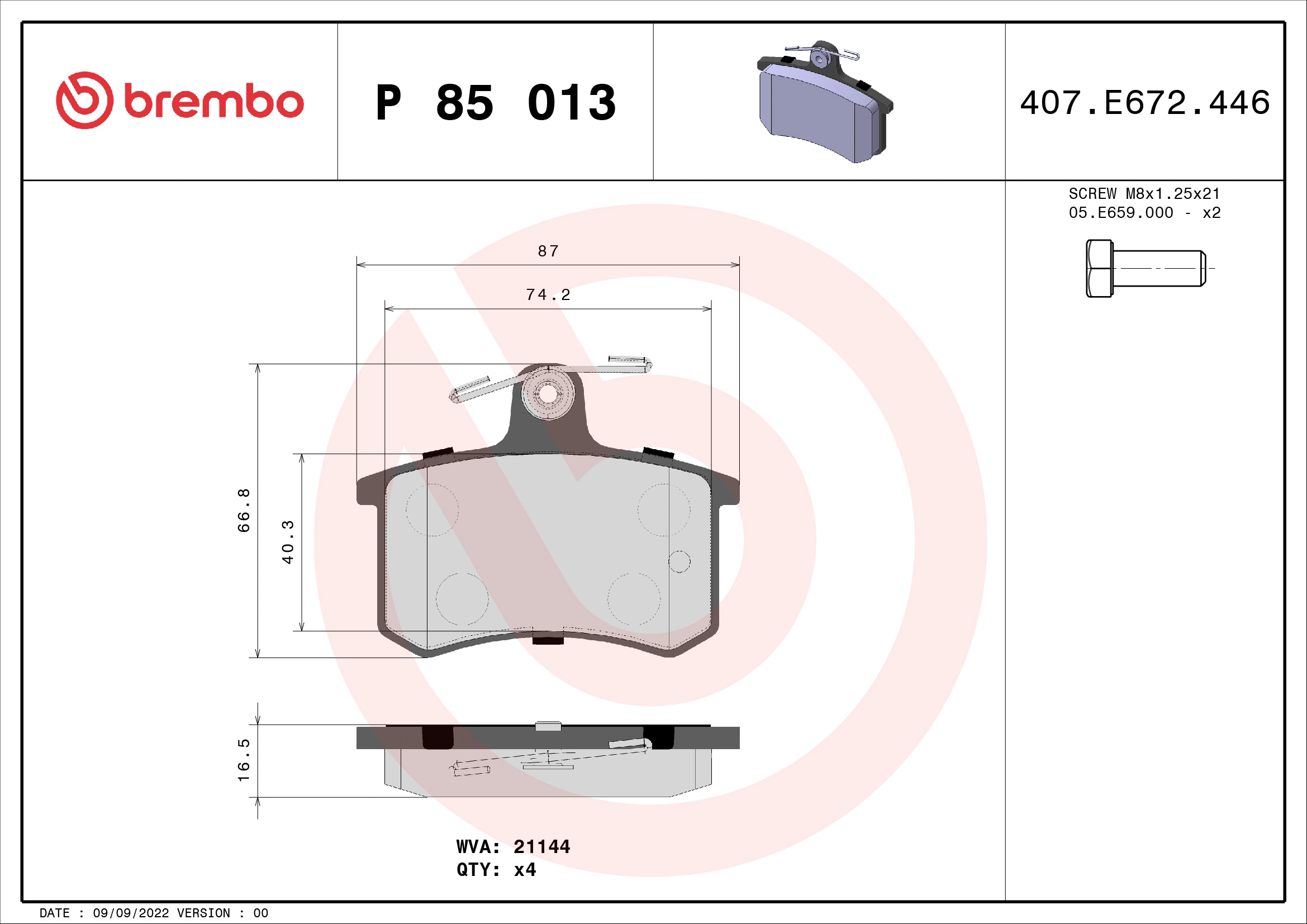 Piduriklotsi komplekt, ketaspidur BREMBO P 85 013