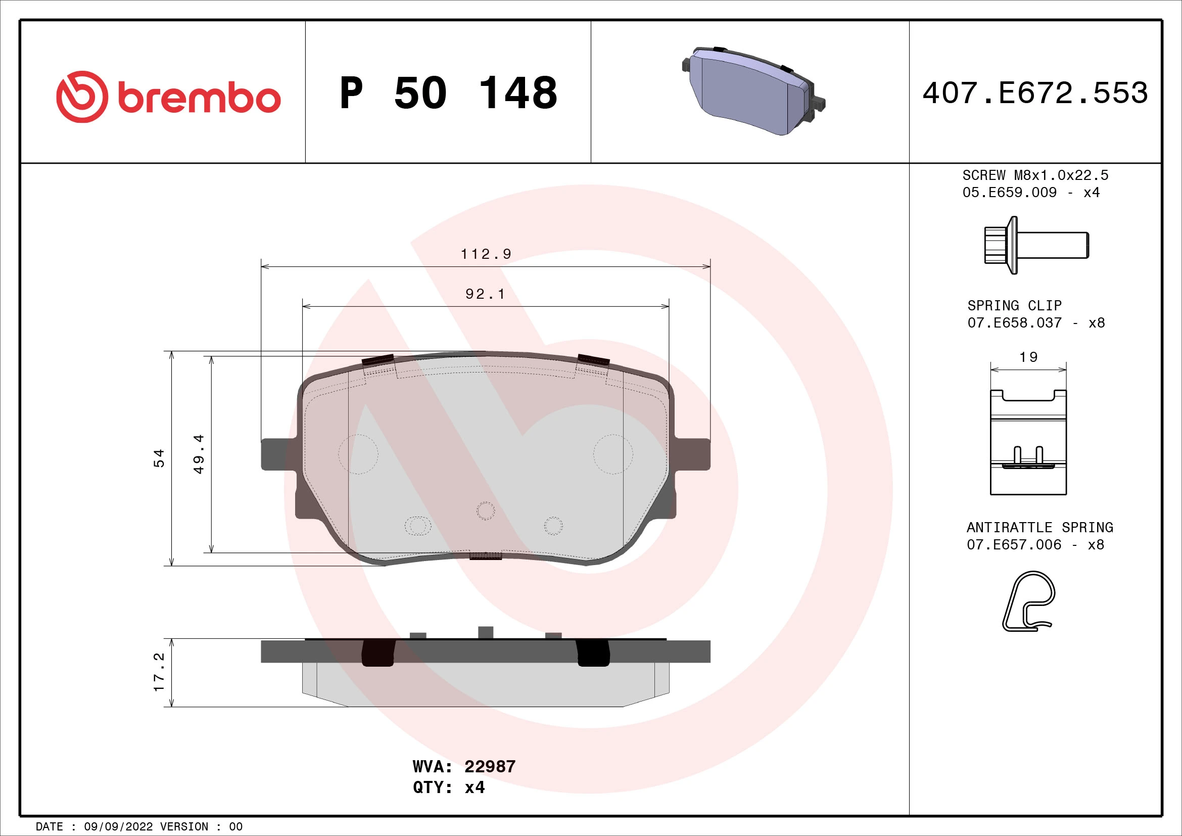 Piduriklotsi komplekt, ketaspidur BREMBO P 50 148