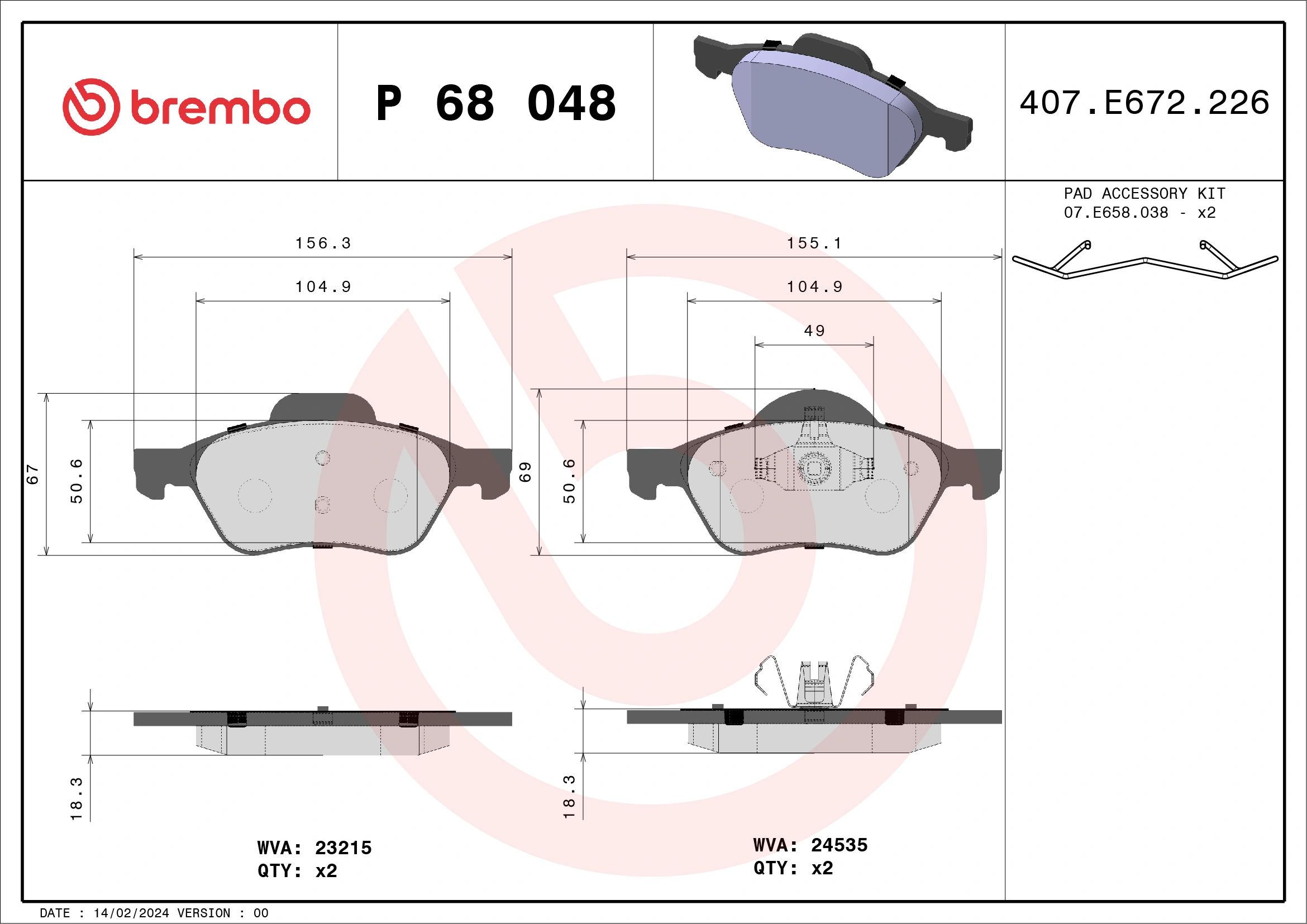 Piduriklotsi komplekt, ketaspidur BREMBO P 68 048