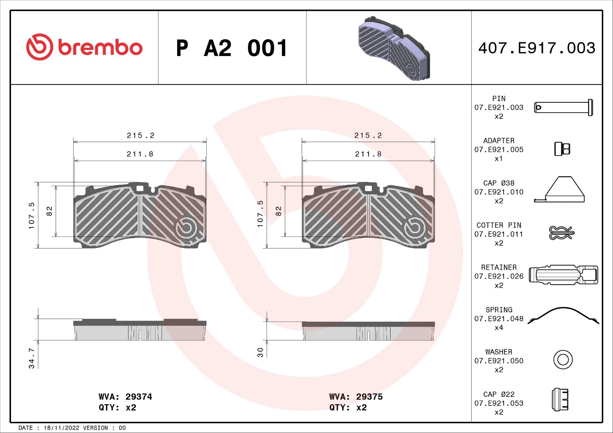 Piduriklotsi komplekt, ketaspidur BREMBO P A2 001