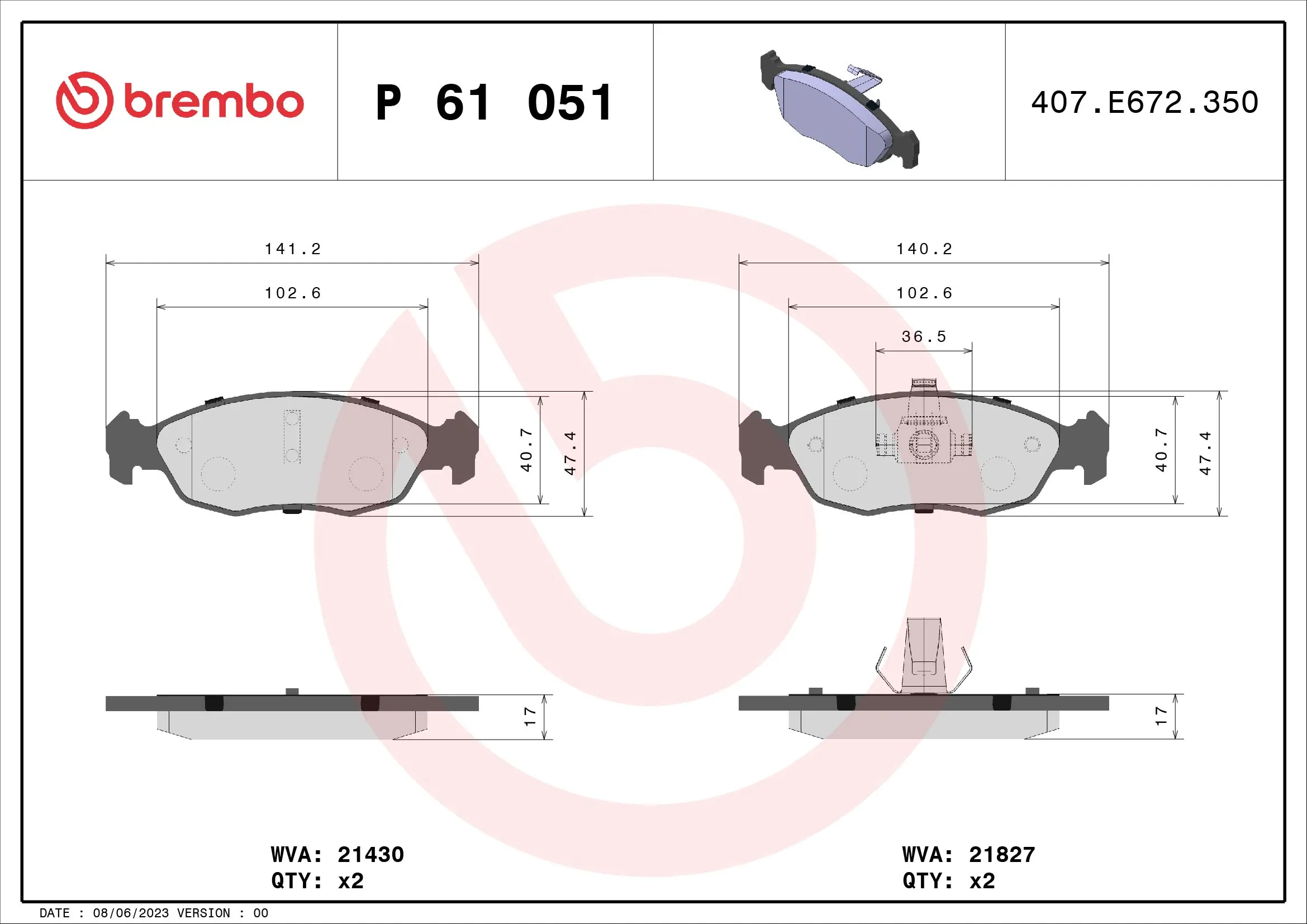 Piduriklotsi komplekt, ketaspidur BREMBO P 61 051