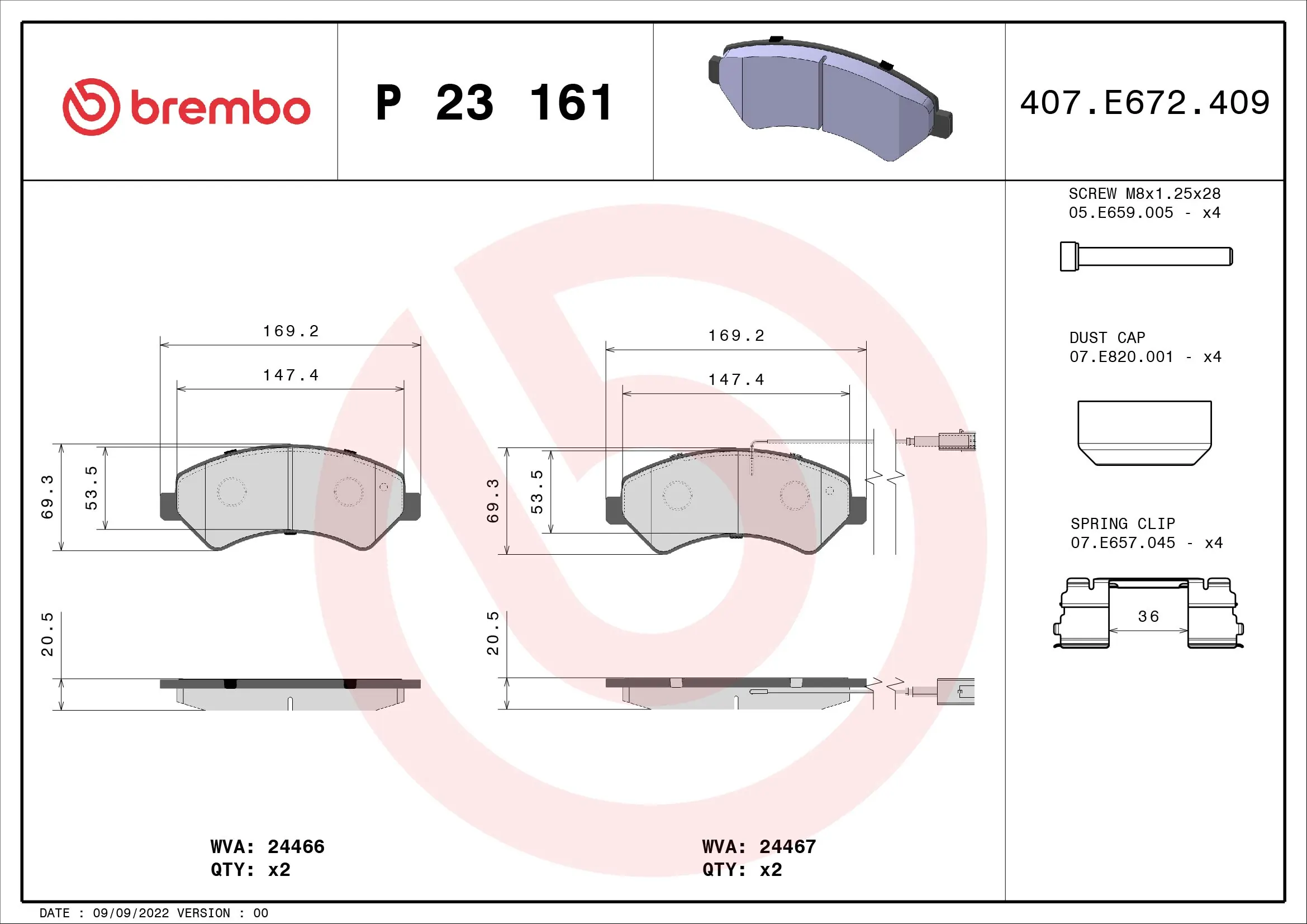 Piduriklotsi komplekt, ketaspidur BREMBO P 23 161