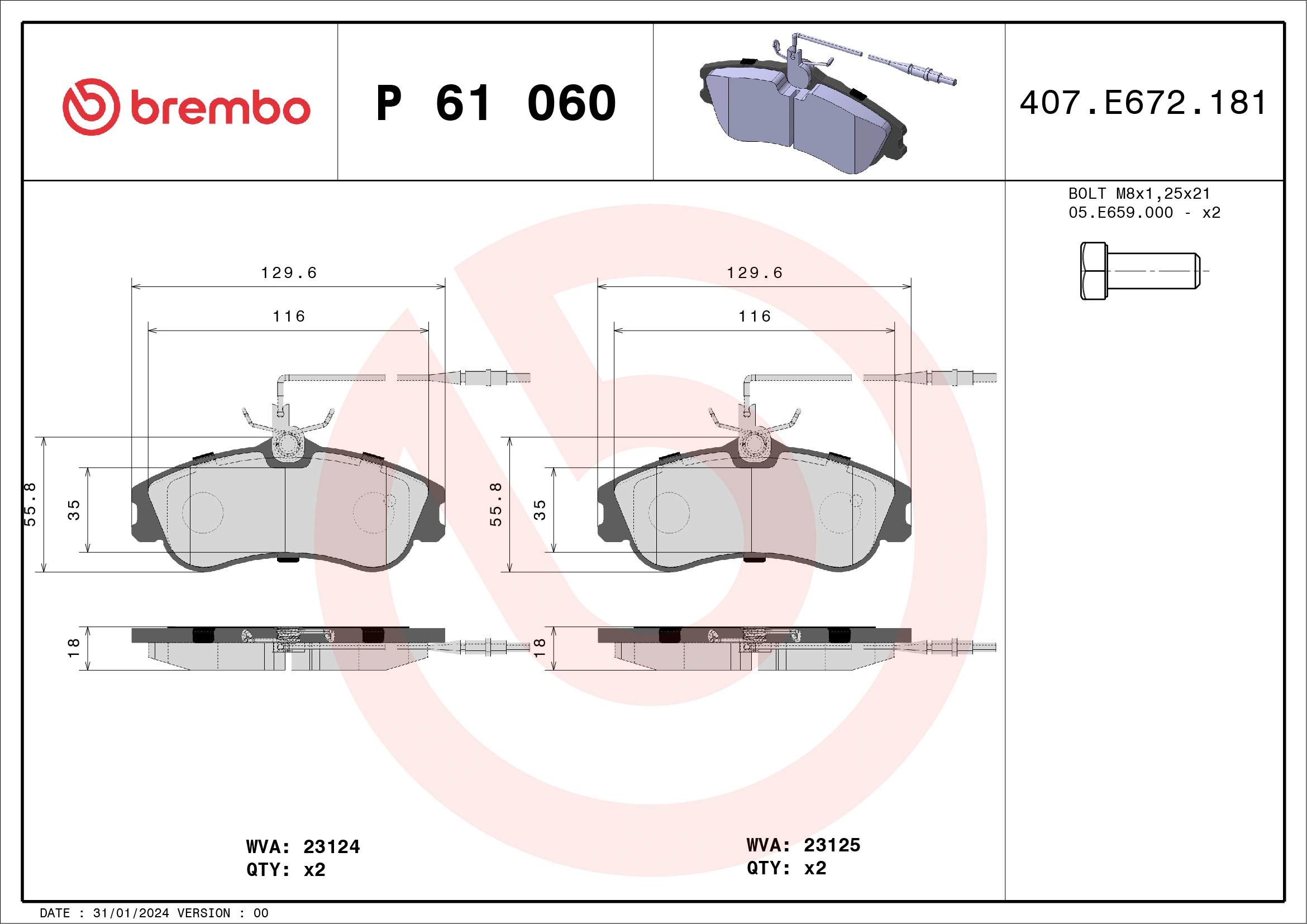 Piduriklotsi komplekt, ketaspidur BREMBO P 61 060